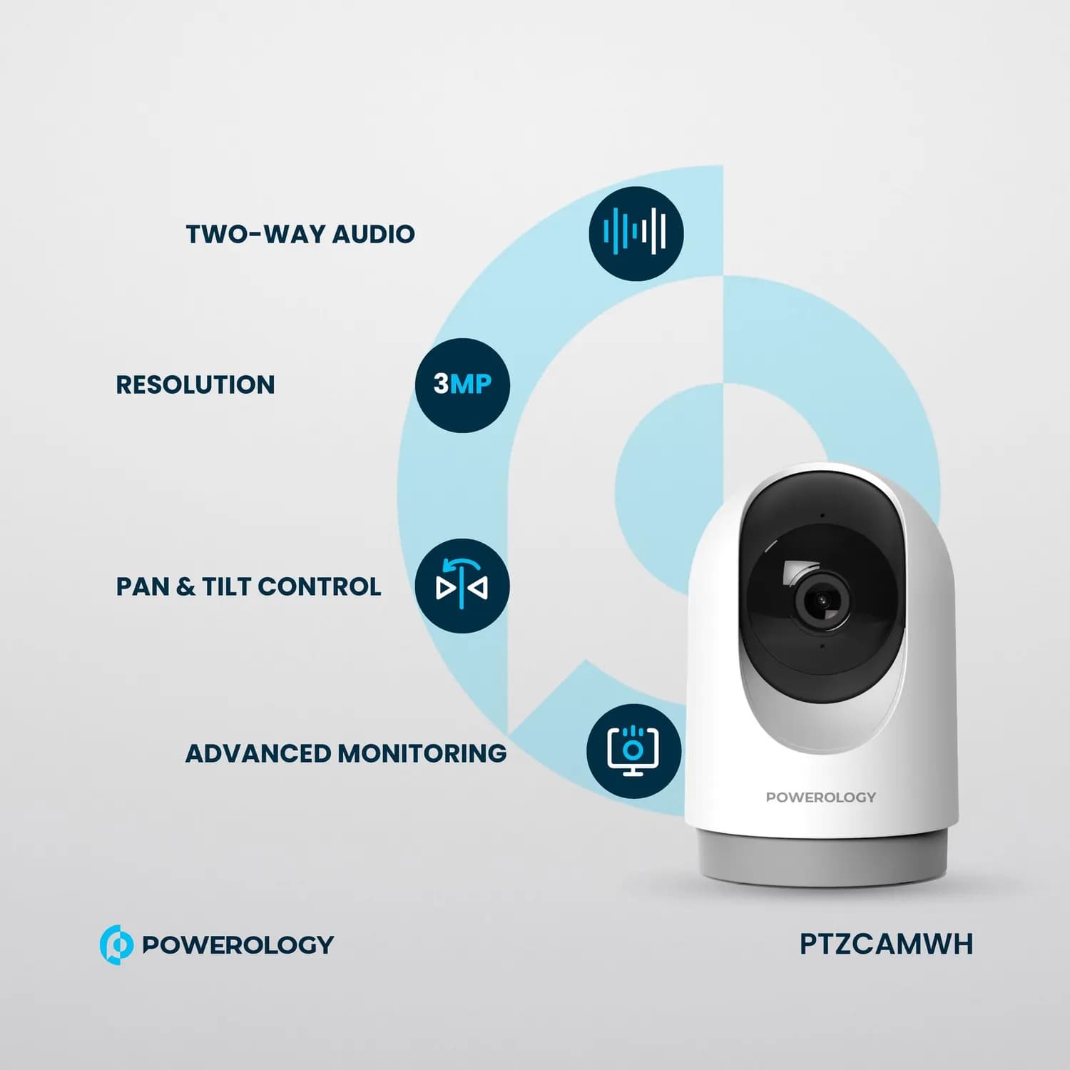 Powerology Indoor PTZ Camera - 3MP FHD, Night Vision, White 2