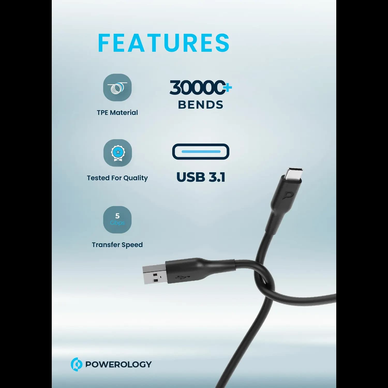 Powerology USB-A to USB-C Cable - Fast Charge 3A, Black 2