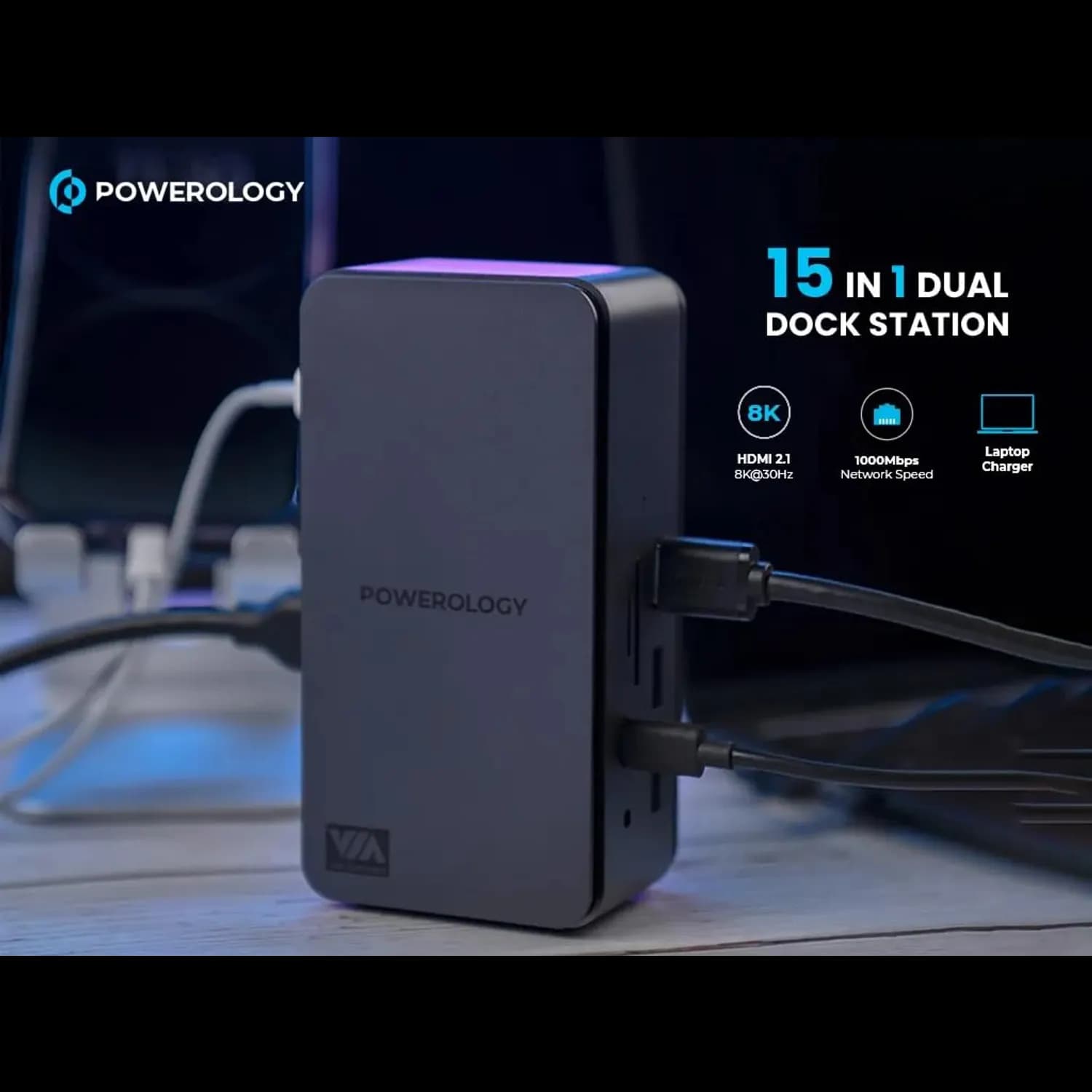 Powerology Dual Dock Station - 15 in 1, 100W PD, Grey 3