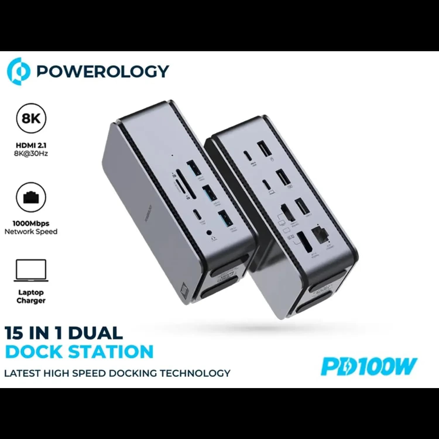Powerology Dual Dock Station - 15 in 1, 100W PD, Grey 5