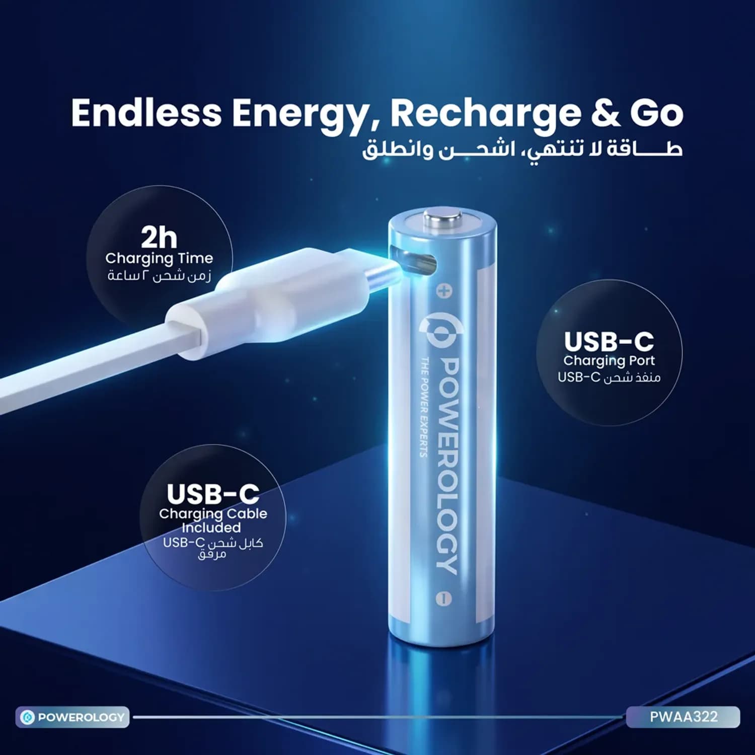 Powerology AA Lithium-Ion Rechargeable Batteries - USB-C, 3200mWh 2