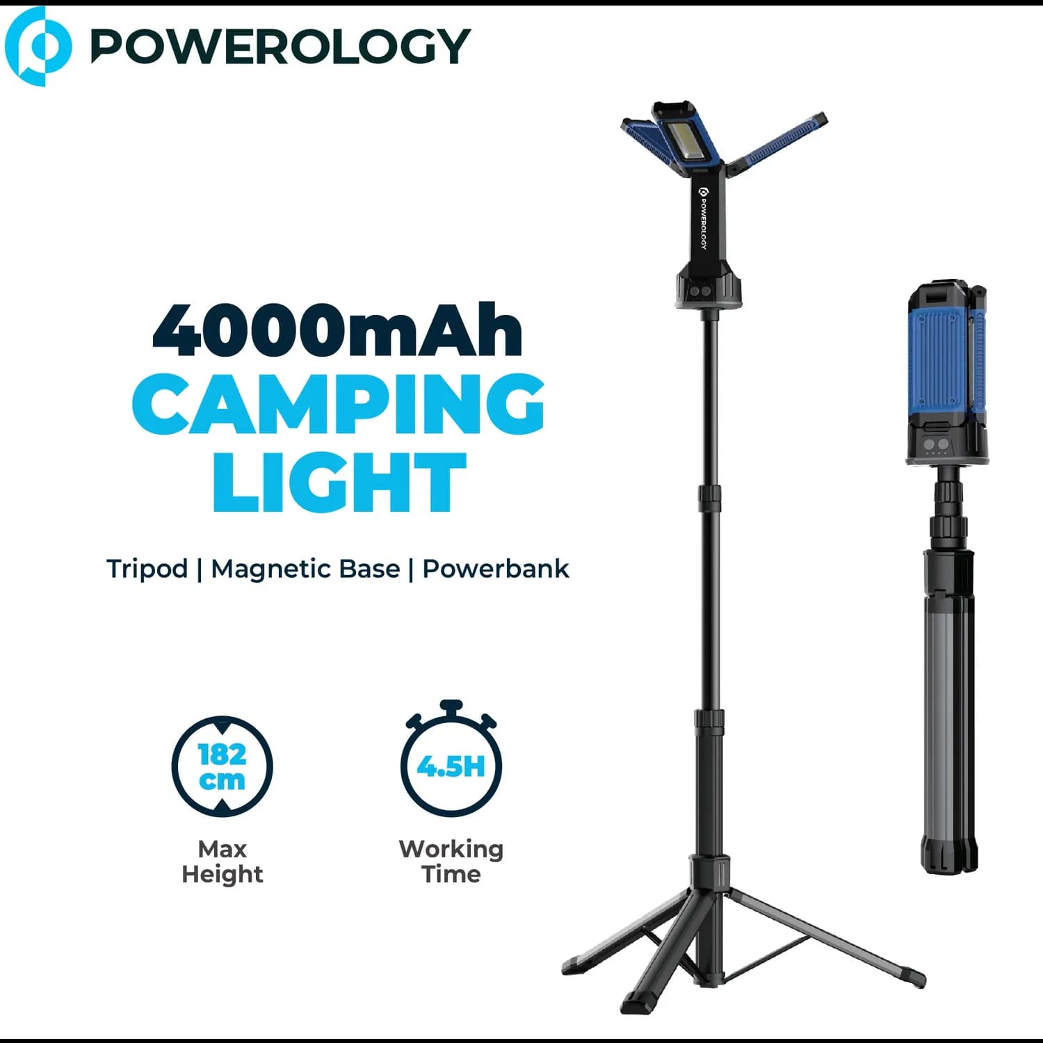 Powerology Camping Light Tripod - 4000mAh, Magnetic Base, Black 2