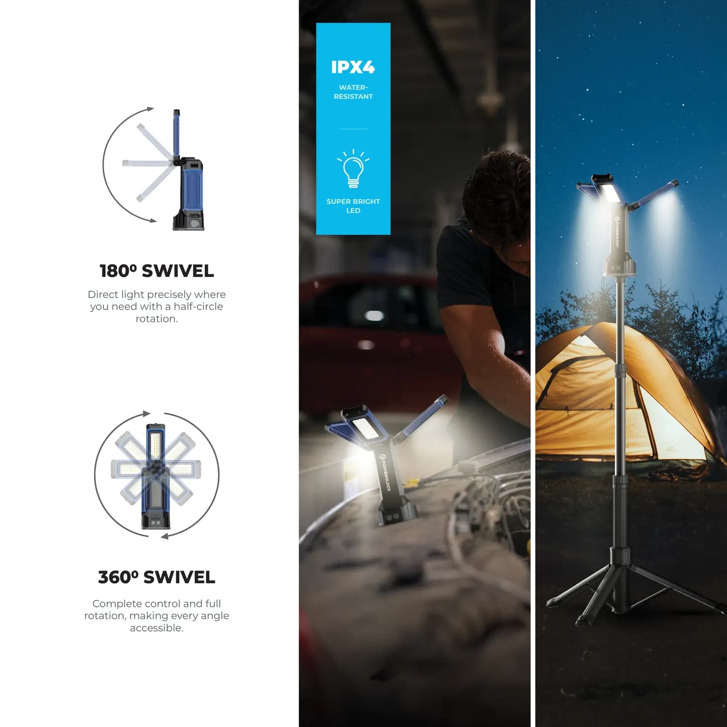 Powerology Camping Light Tripod - 4000mAh, Magnetic Base, Black 5
