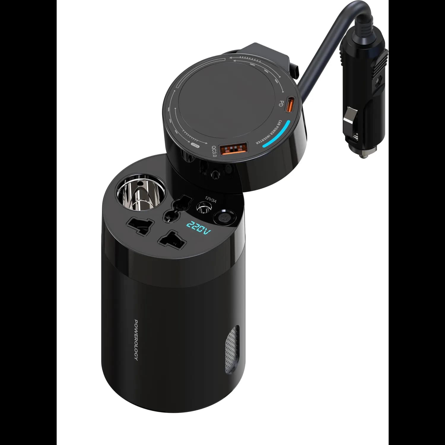 Powerology Car Power Inverter - 200W, USB-C Retractable, Black 2