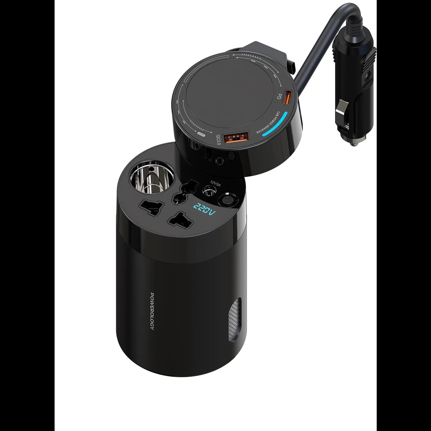 Powerology Car Power Inverter - 200W, USB-C Retractable, Black 4