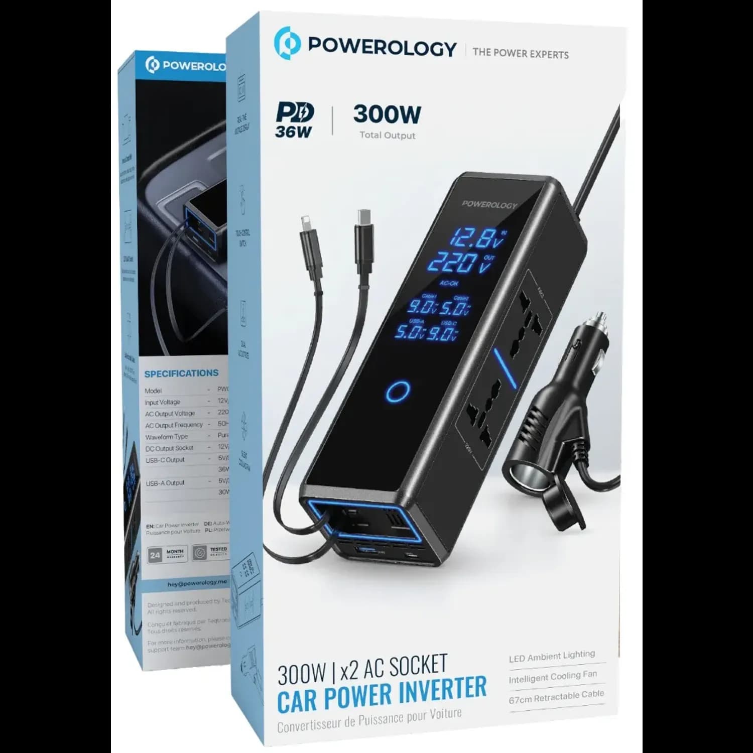 Powerology Car Power Inverter - 300W, 2 AC Sockets, Black 3
