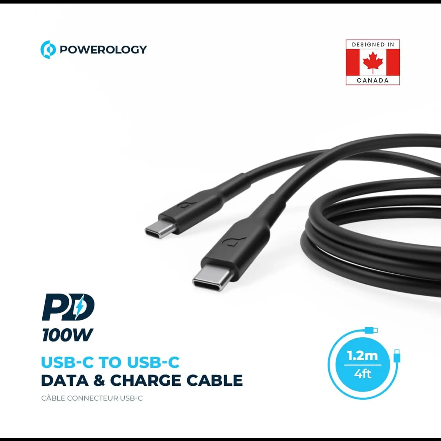 Powerology USB-C Cable - 1.2M 100W PD, Black 4