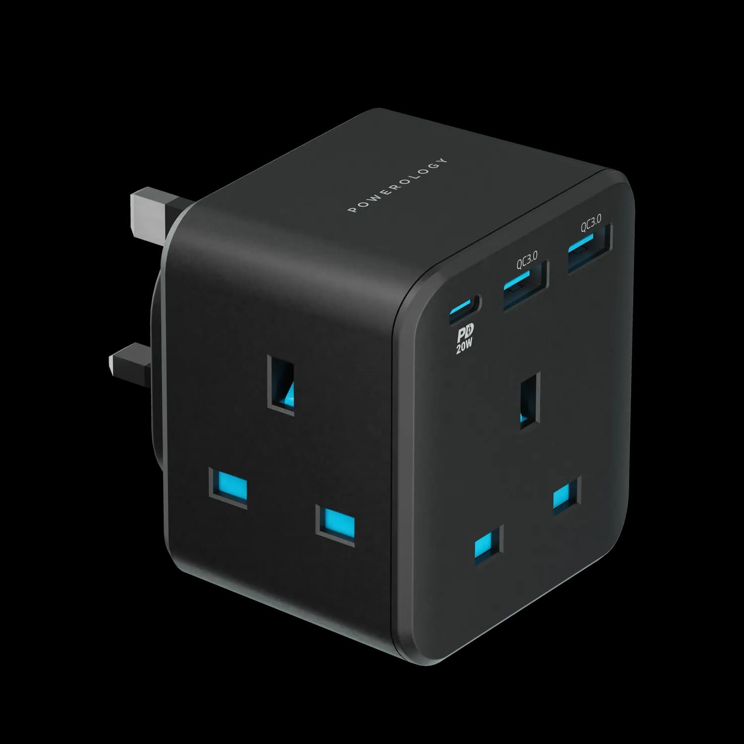 Powerology Wall Socket - 3 Outlets, Fast Charging USB, Black 3