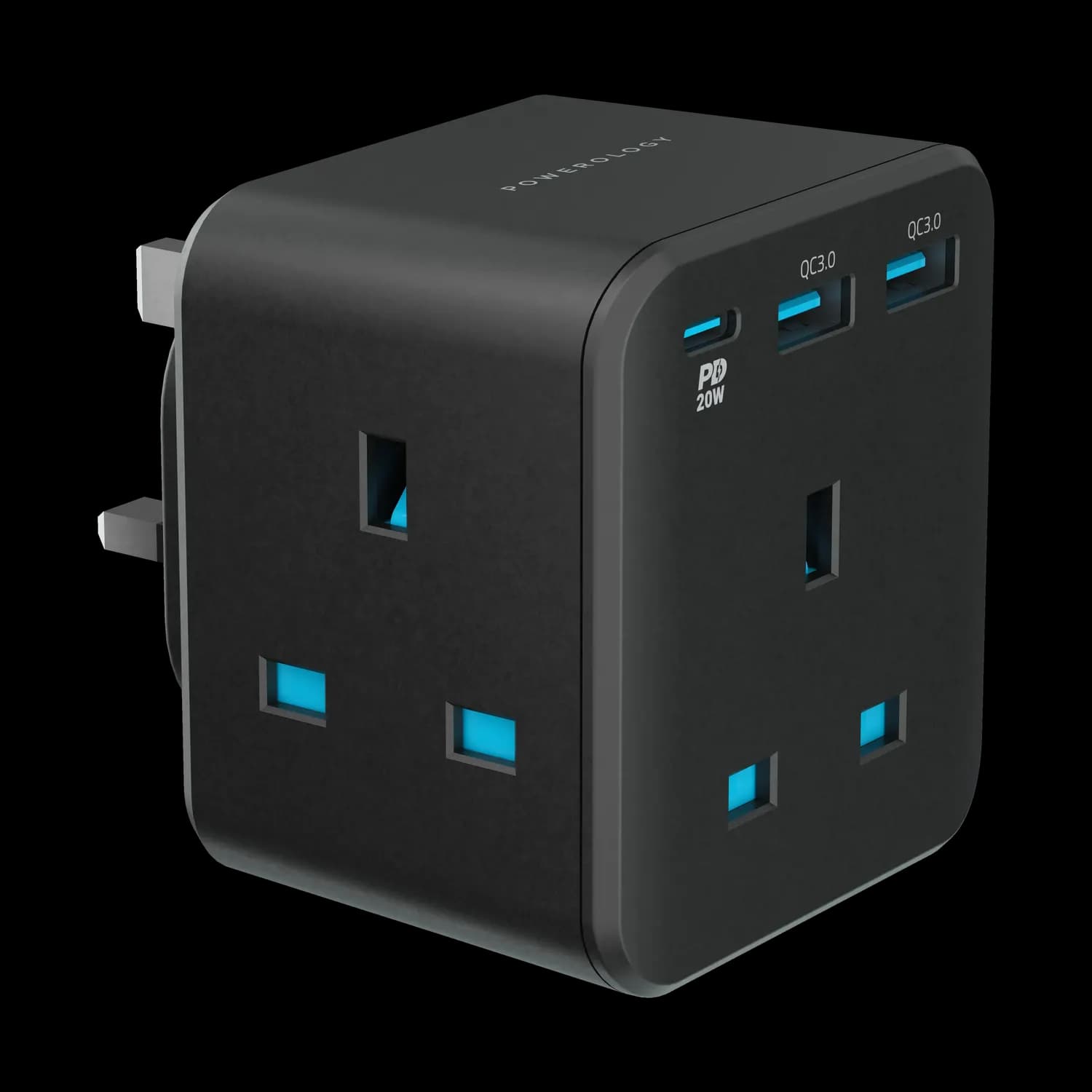 Powerology Wall Socket - 3 Outlets, Fast Charging USB, Black 4