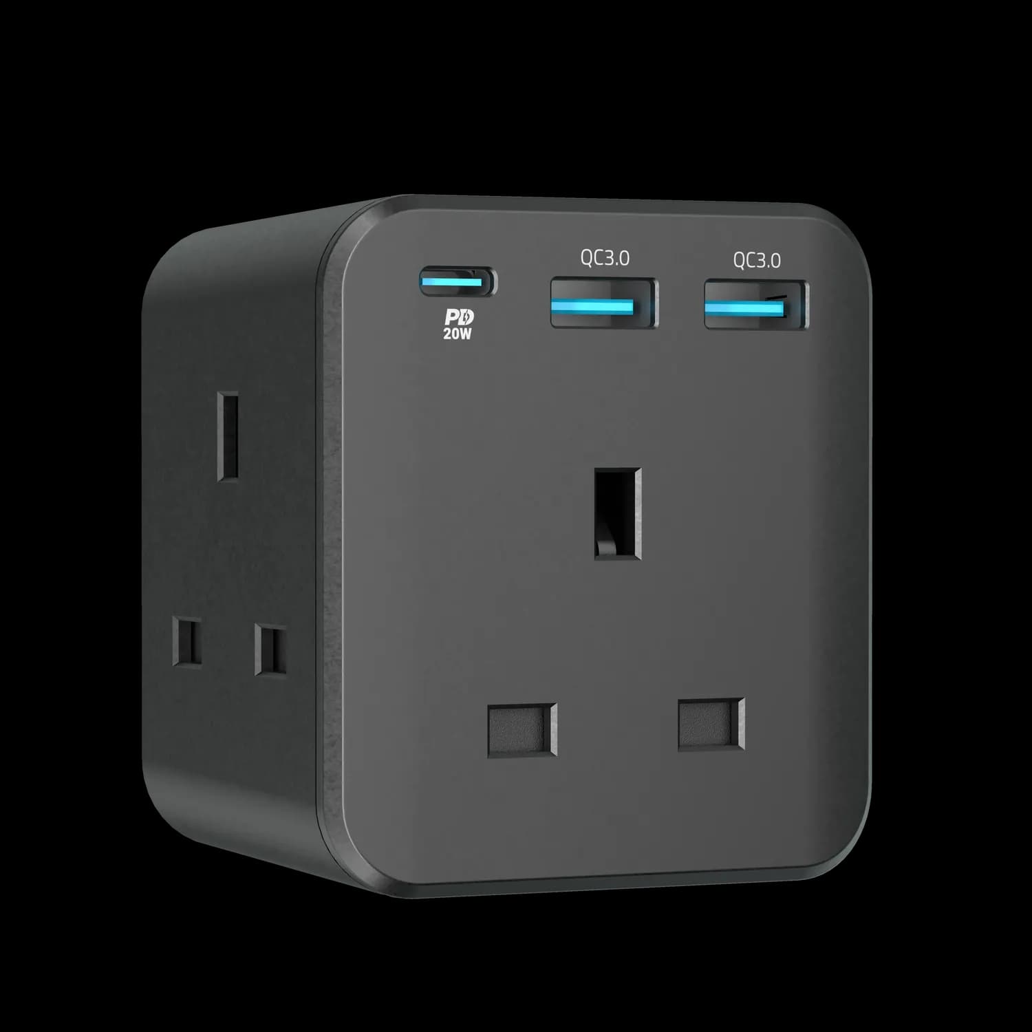 Powerology Wall Socket - 3 Outlets, Fast Charging USB, Black 1 Powerology Wall Socket - 3 Outlets, Fast Charging USB, Black 1