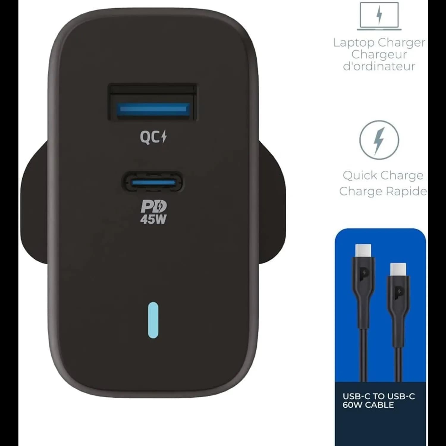 Powerology GaN Charger - 45W Dual Port PD & QC 3.0, Black 3