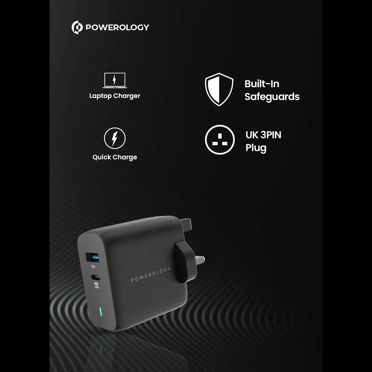 Powerology GaN Charger - 63W PD & QC3.0, Black 2
