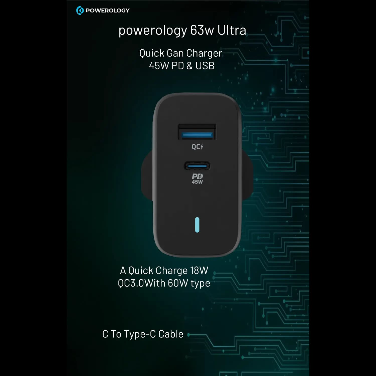 Powerology GaN Charger - 63W PD & QC3.0, Black 4