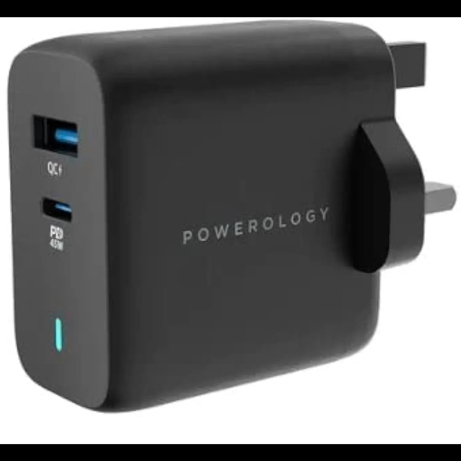 Powerology GaN Charger - 45W Dual Port PD & QC 3.0, Black 1