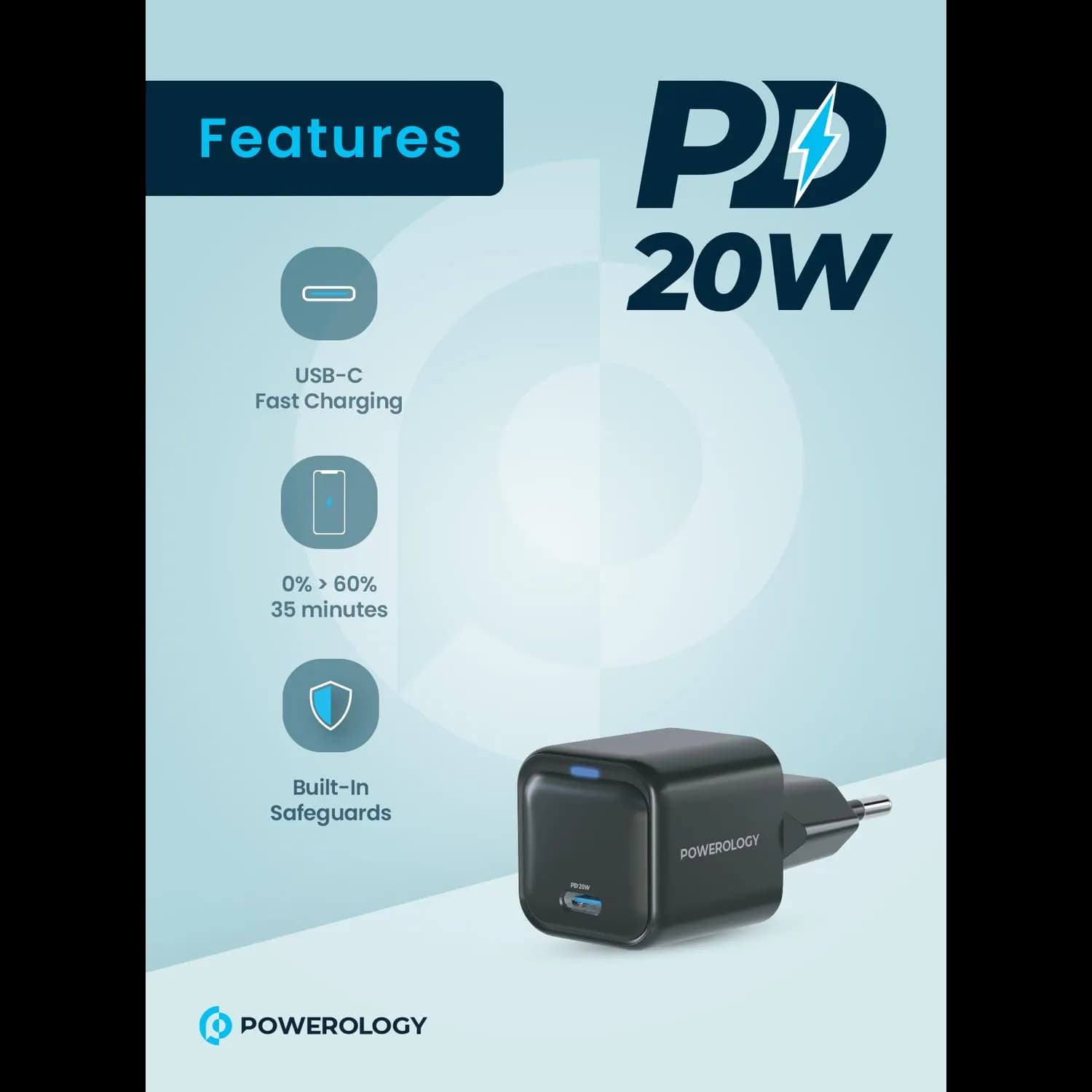 Powerology USB-C GaN Charger - 20W Fast Charge, Compact 2
