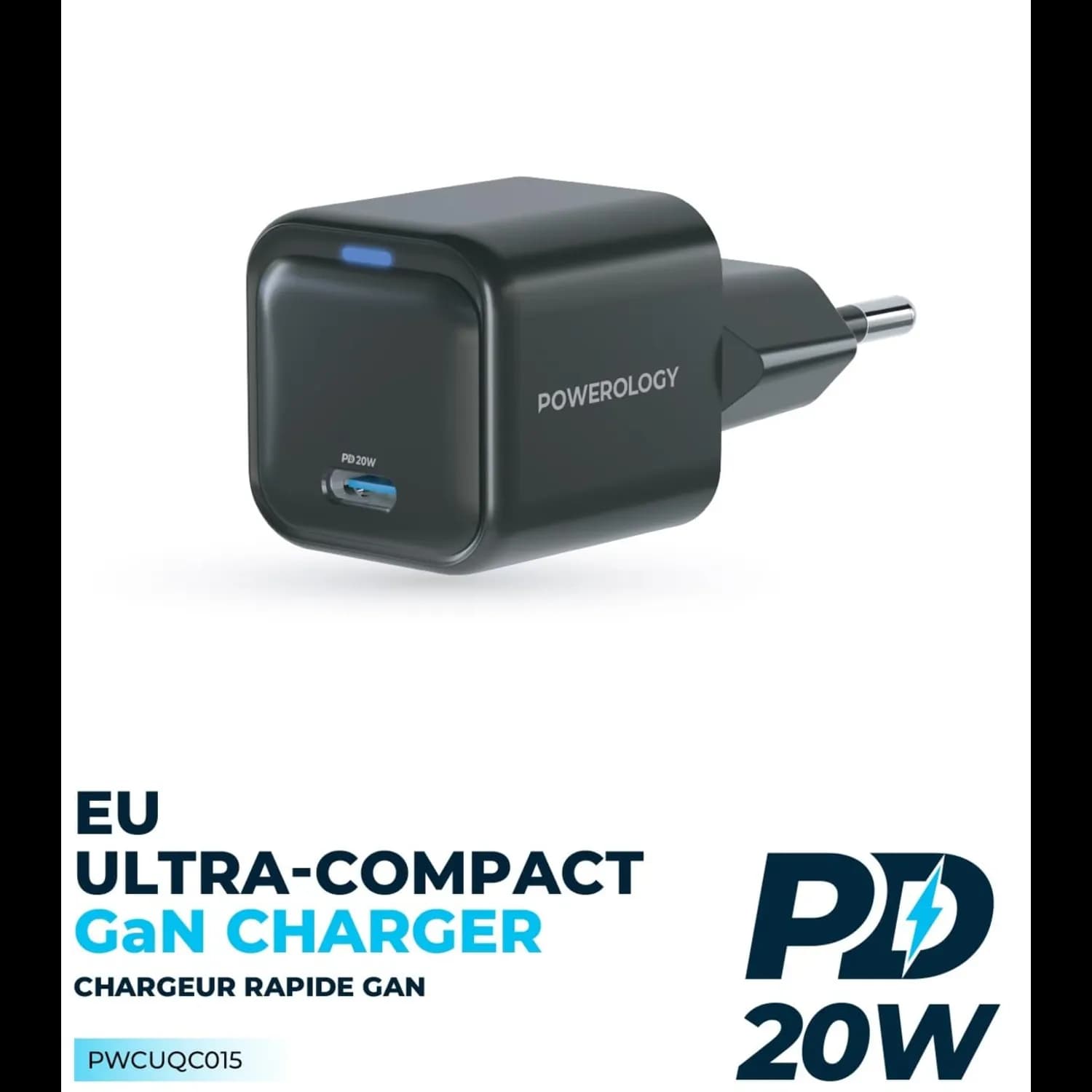 Powerology USB-C GaN Charger - 20W Fast Charge, Compact 4