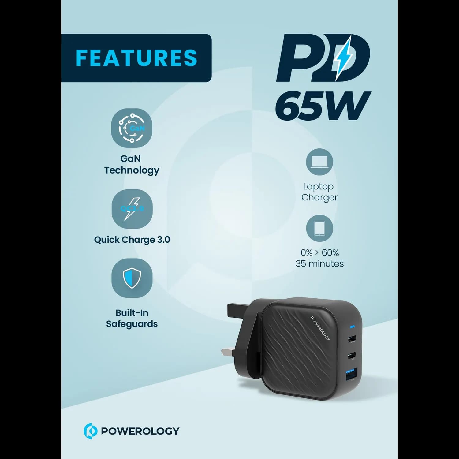 Powerology Charger - 65W Dual PD GaN, Black 5