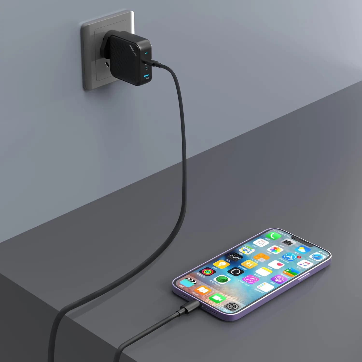 Powerology GaN Charger - 140W Dual PD, USB-A 18W, Black 2