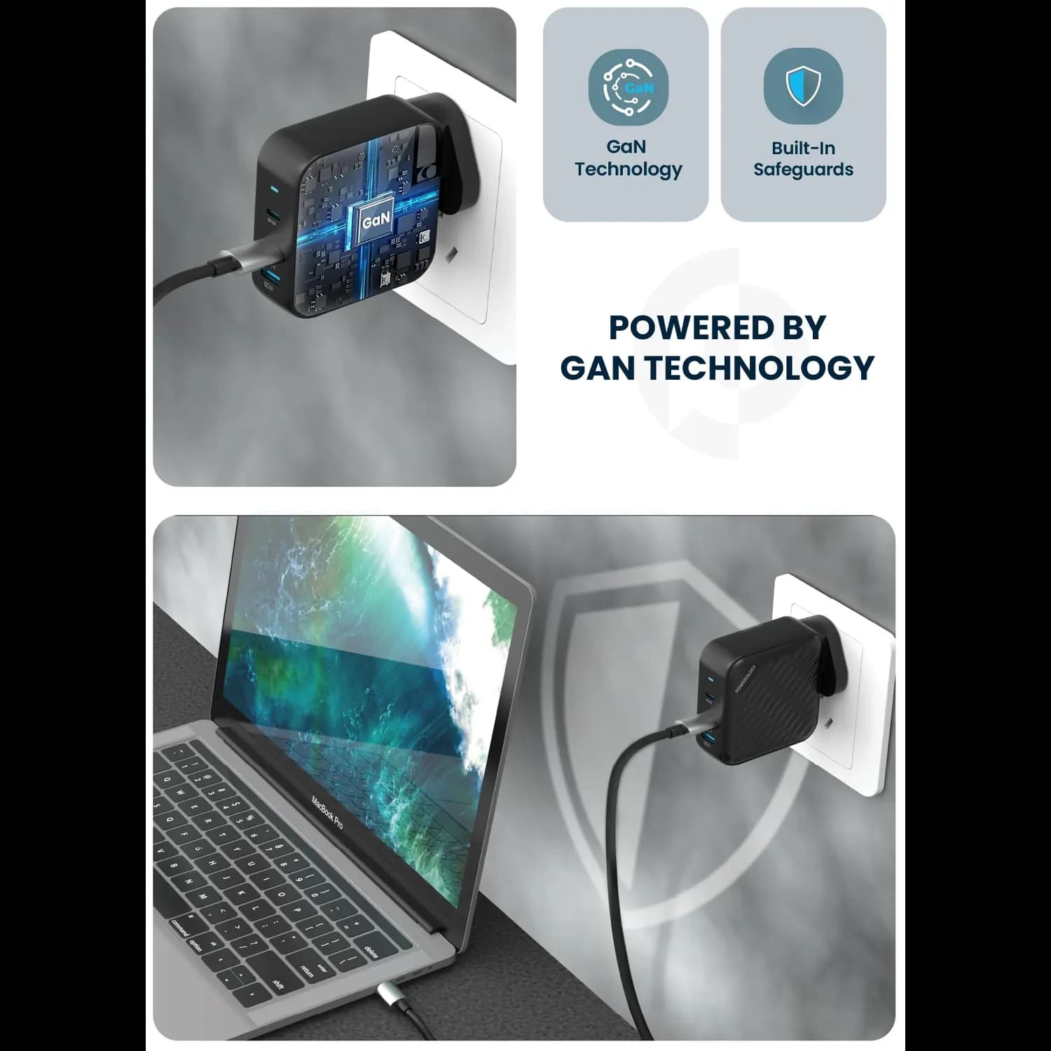 Powerology GaN Charger - 140W Dual PD, USB-A 18W, Black 4