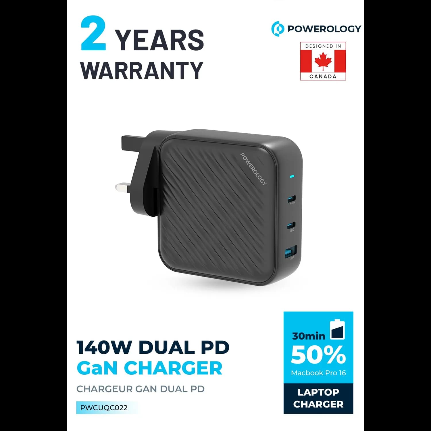 Powerology GaN Charger - 140W Dual PD, USB-A 18W, Black 5