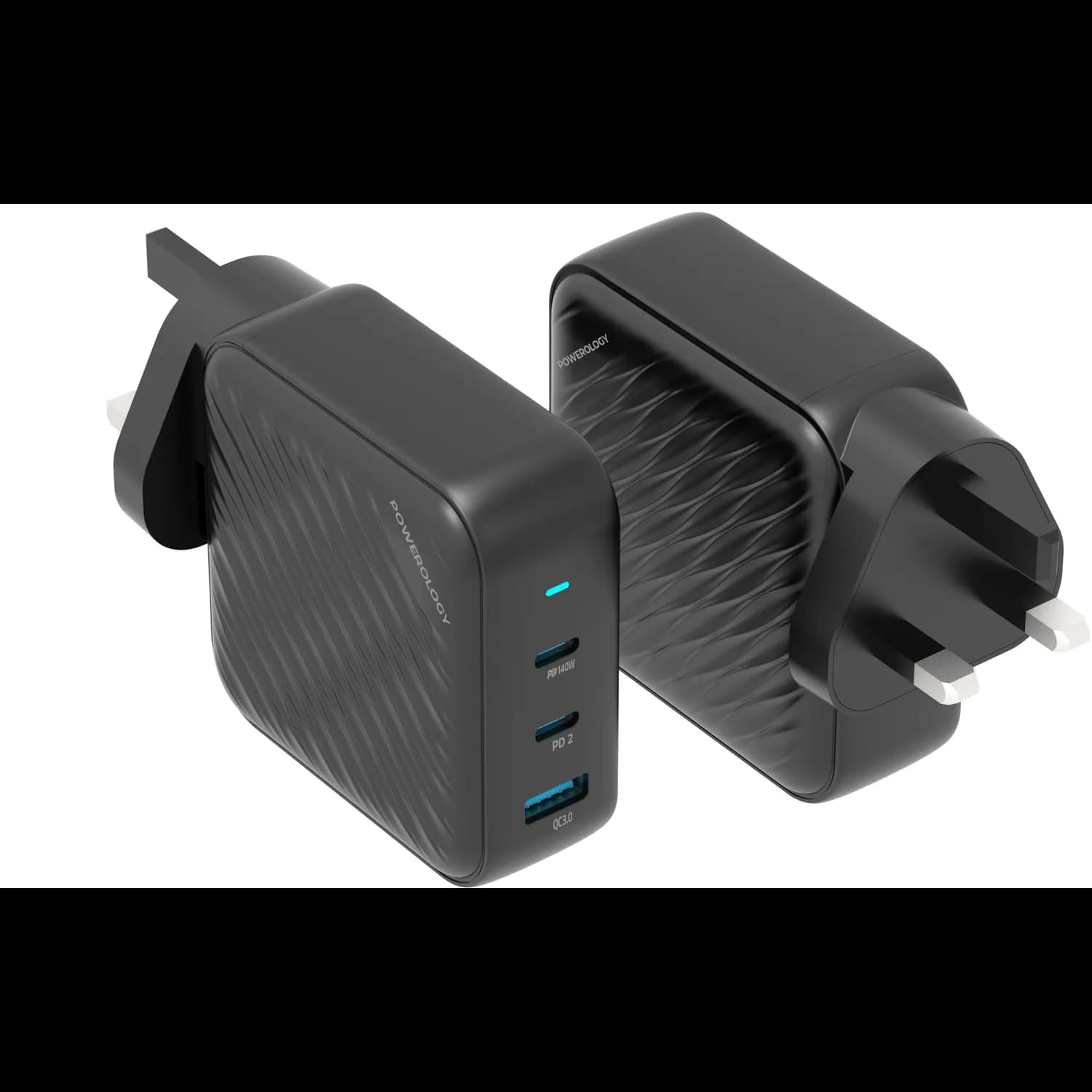 Powerology GaN Charger - 140W Dual PD, USB-A 18W, Black 1