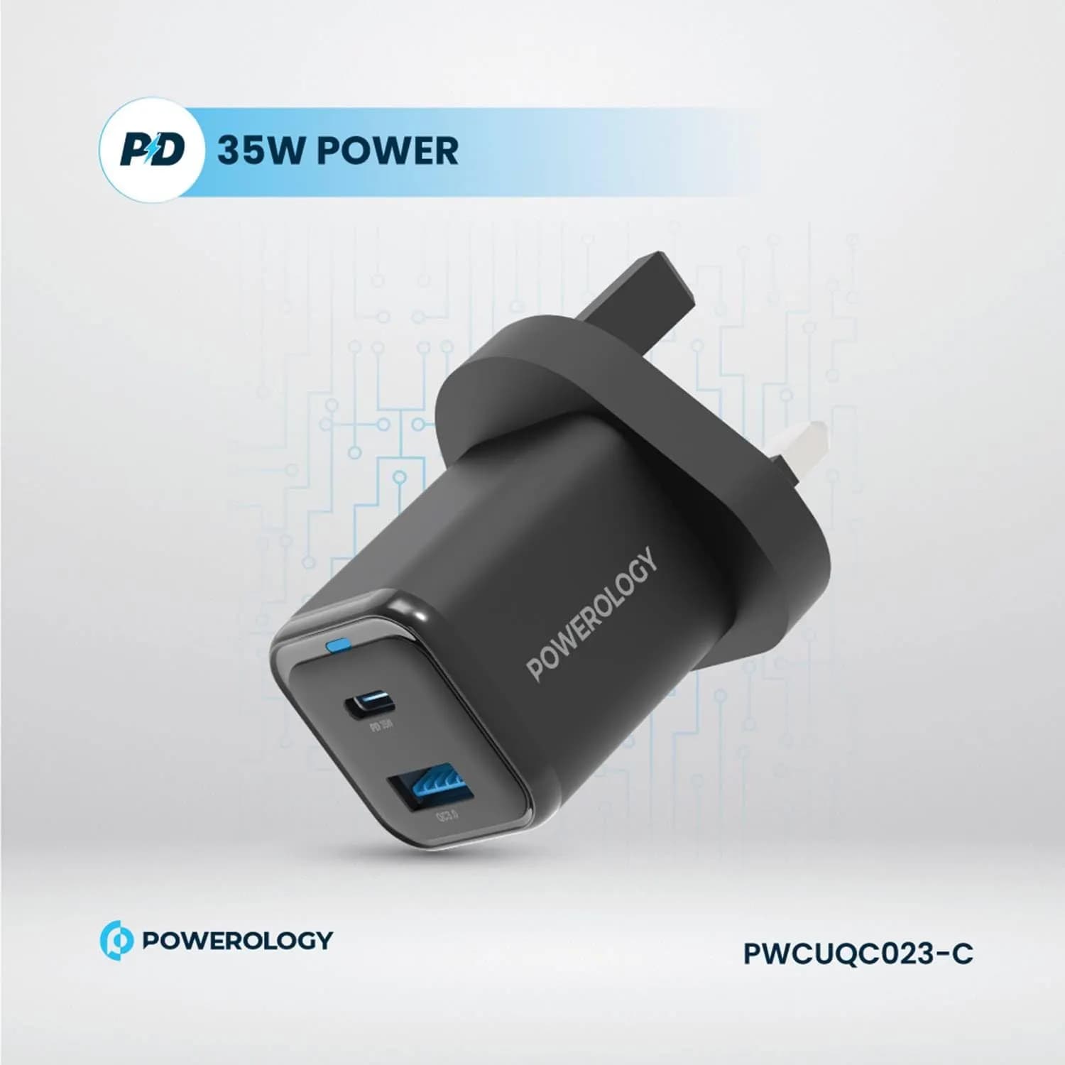 Powerology Dual Port Quick Charger - 35W USB-C, 18W USB-A, Black 4