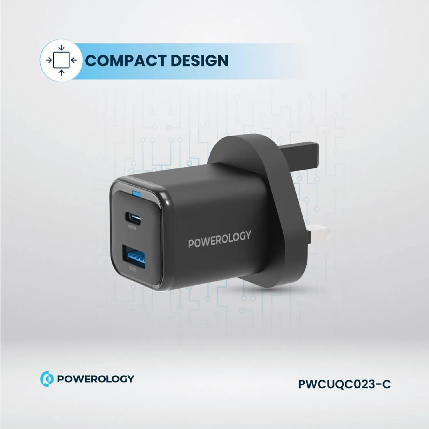 Powerology Dual Port Quick Charger - 35W USB-C, 18W USB-A, Black 5