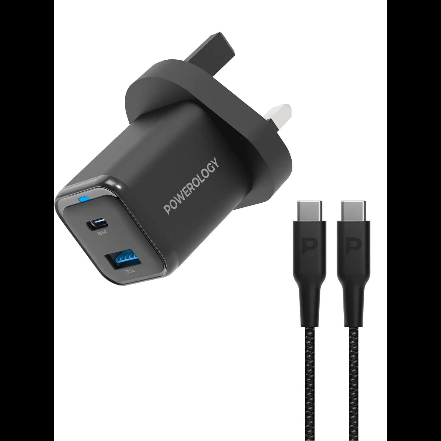 Powerology Dual Port Quick Charger - 35W USB-C, 18W USB-A, Black 1