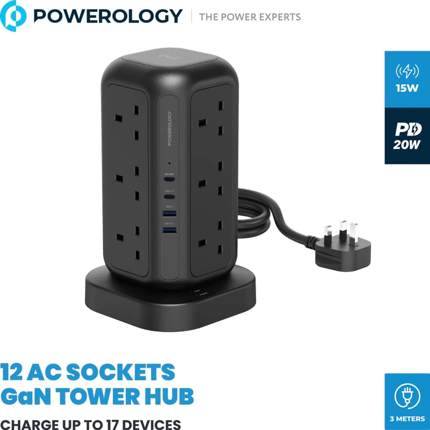 Powerology Socket Tower - 12 UK Sockets, Wireless Charger, Black 2