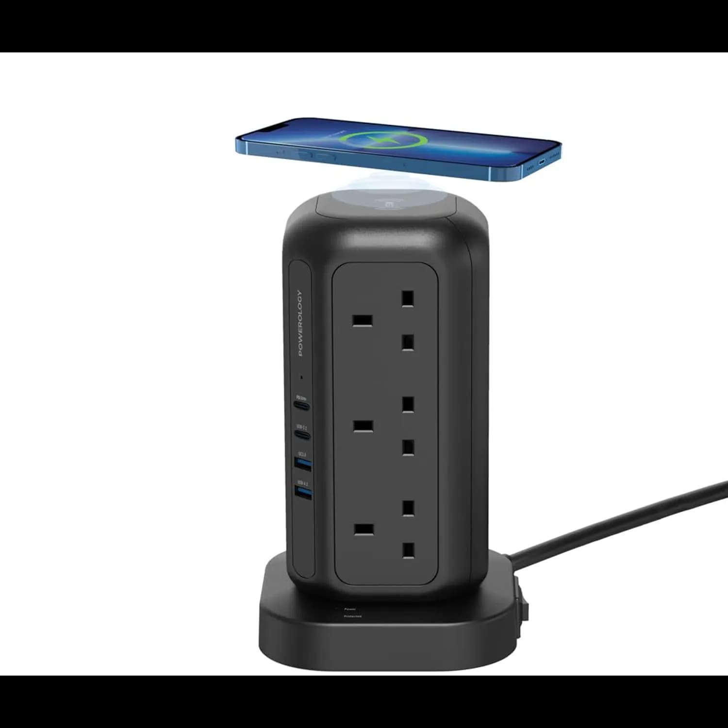 Powerology Socket Tower - 12 UK Sockets, Wireless Charger, Black 4