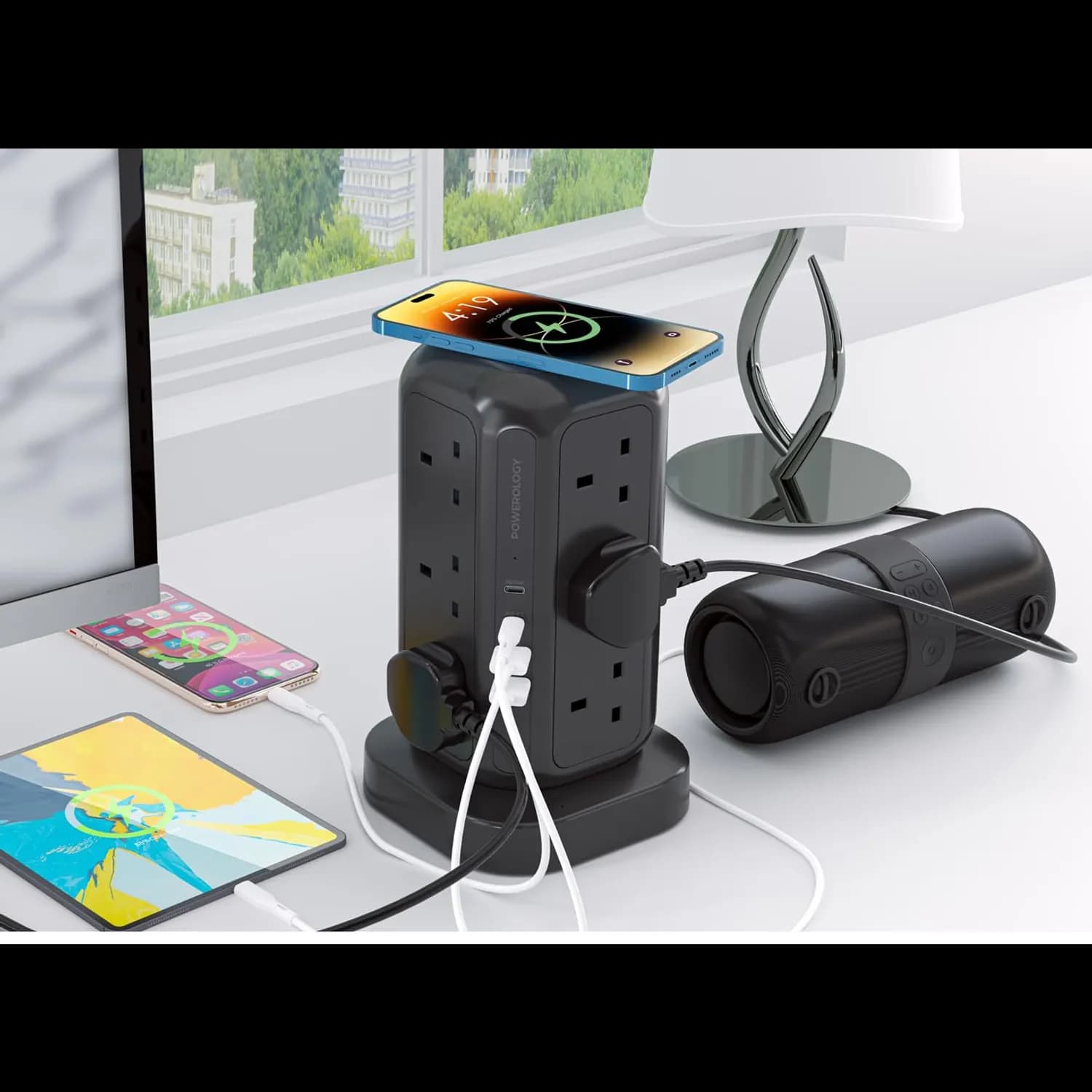 Powerology Socket Tower - 12 UK Sockets, Wireless Charger, Black 5