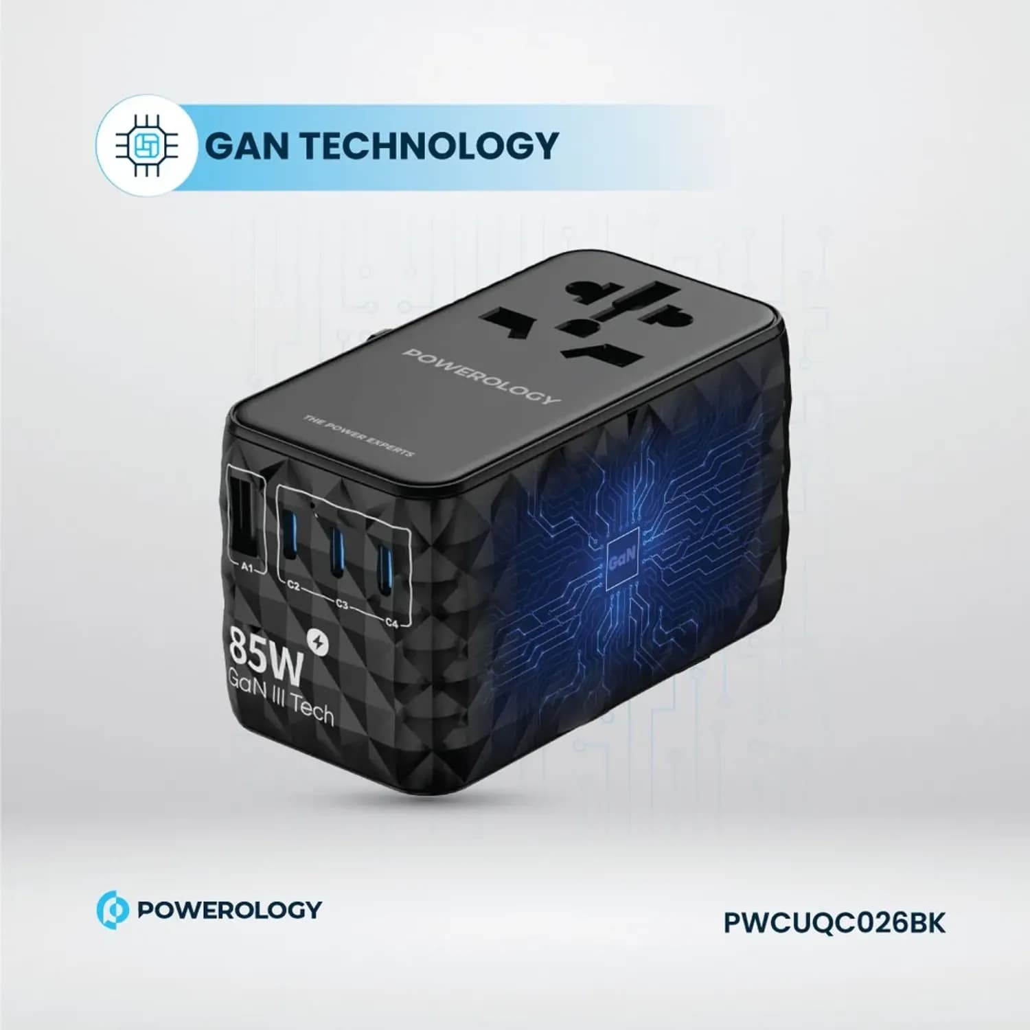 Powerology Charger - Universal GaN 85W with Retractable Type-C Cable, Black 2