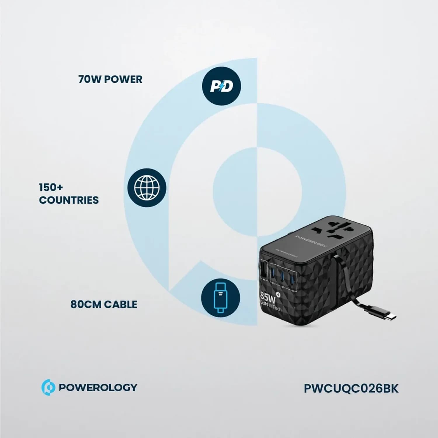 Powerology Charger - Universal GaN 85W with Retractable Type-C Cable, Black 3