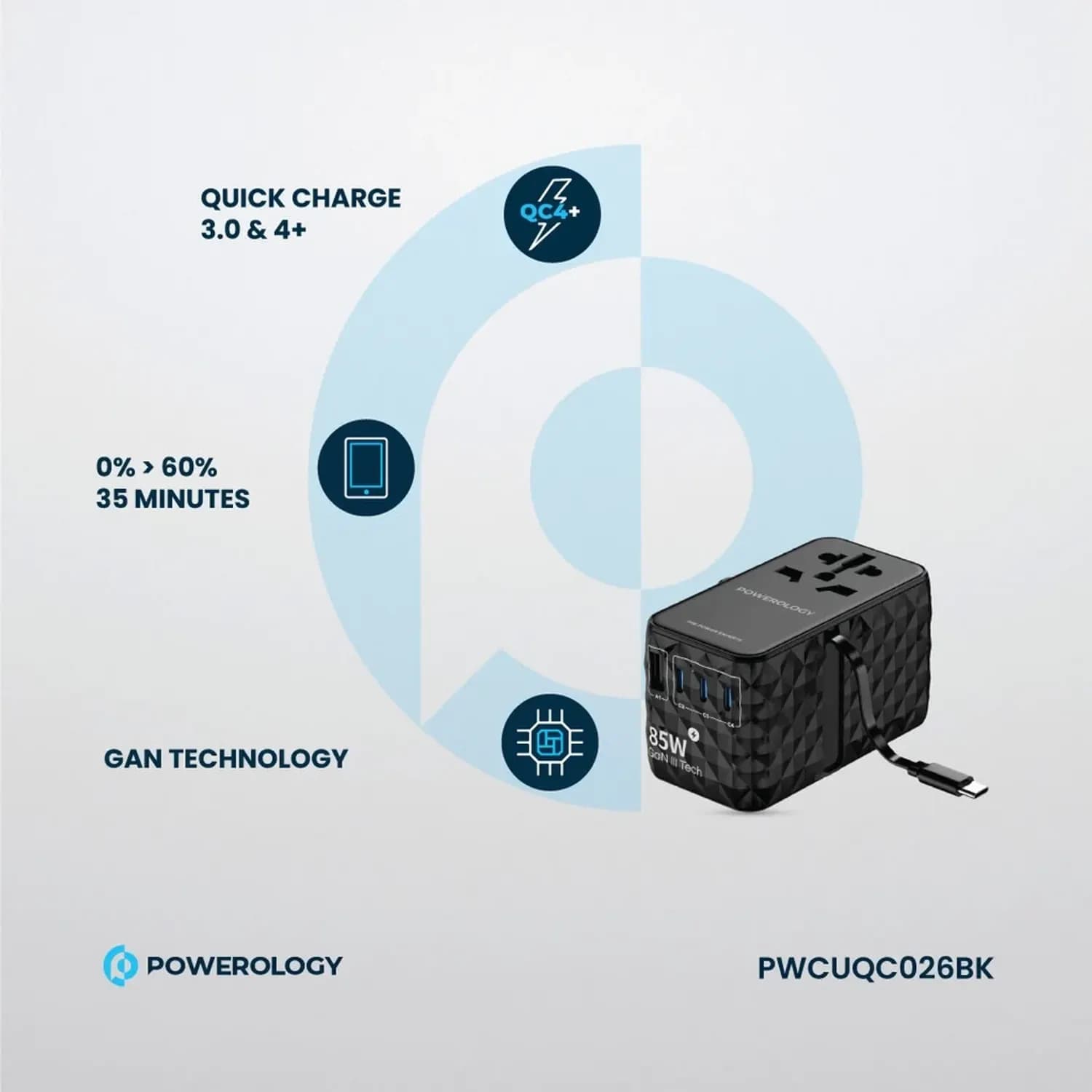 Powerology Charger - Universal GaN 85W with Retractable Type-C Cable, Black 4