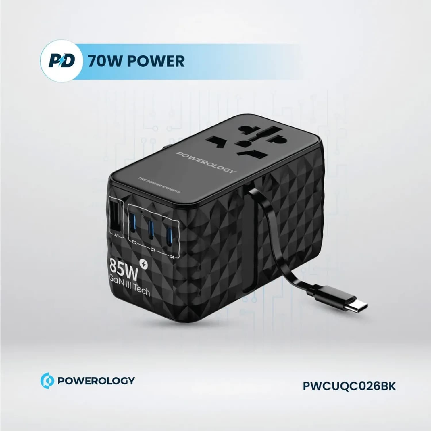 Powerology Charger - Universal GaN 85W with Retractable Type-C Cable, Black 5