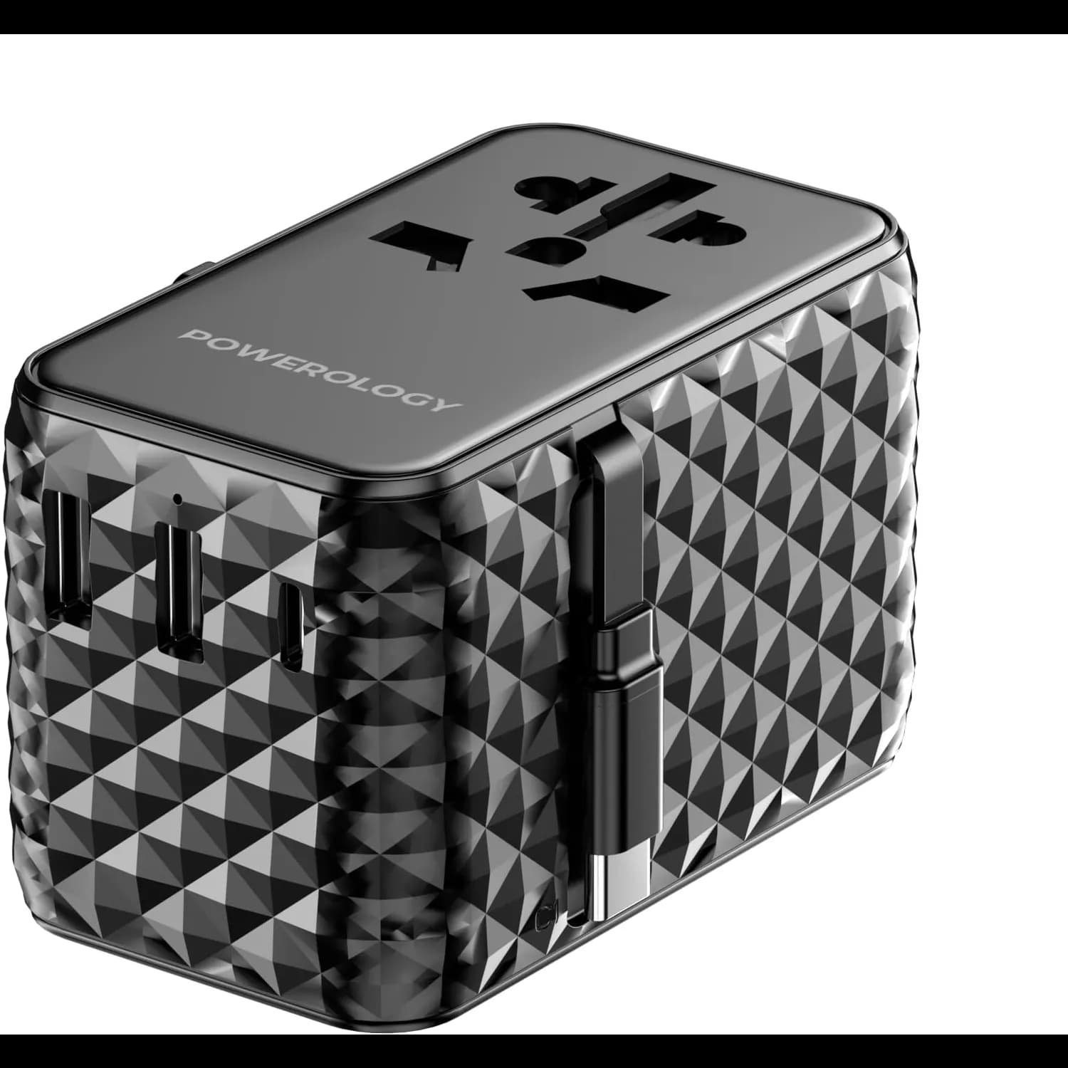 Powerology Travel Adapter PWCUQC028-BK - 20W GaN with Retractable USB-C Cable, Black — Black 2