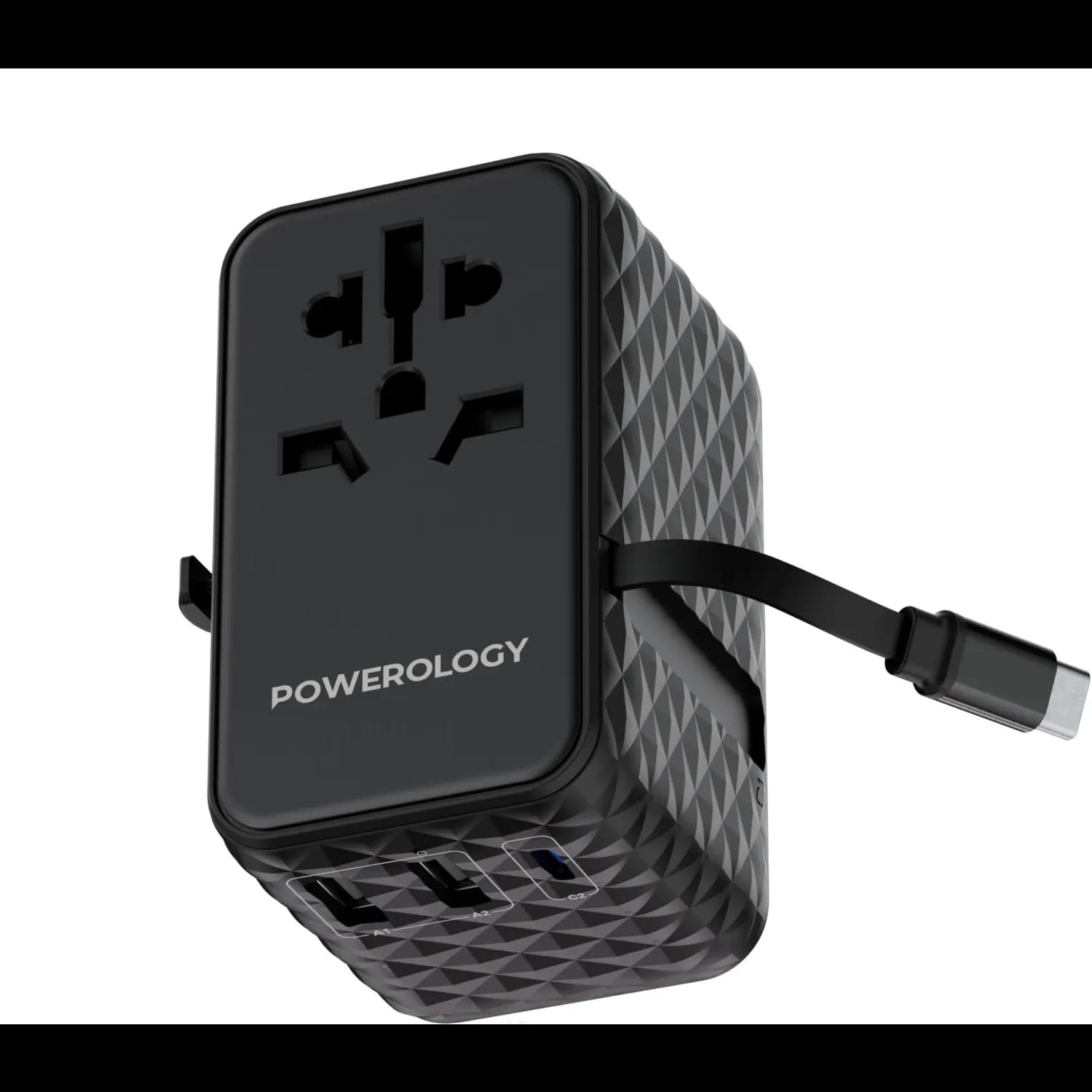 Powerology Travel Adapter PWCUQC028-BK - 20W GaN with Retractable USB-C Cable, Black — Black 3