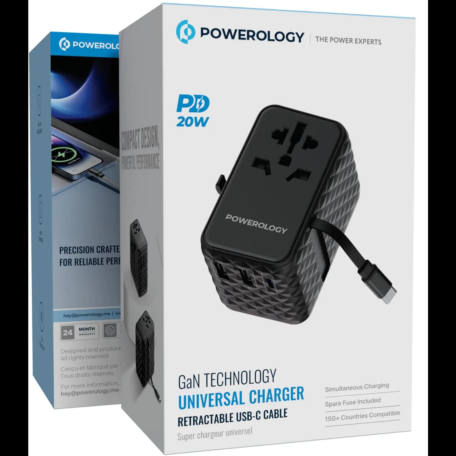 Powerology Travel Adapter PWCUQC028-BK - 20W GaN with Retractable USB-C Cable, Black — Black 5