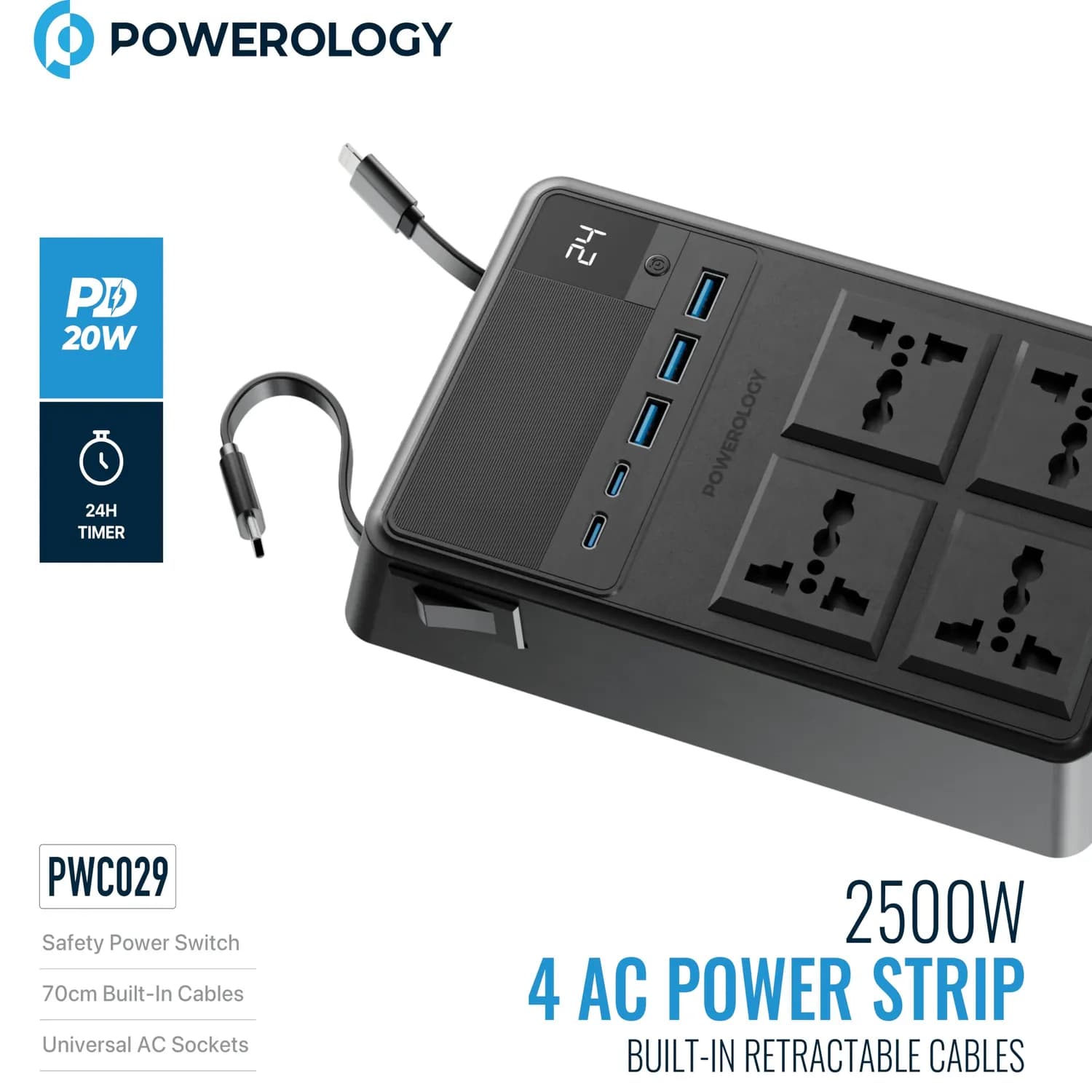 Powerology Power Socket - 2×PD 20W, 3×QC3.0, 3M Cord, Black 3