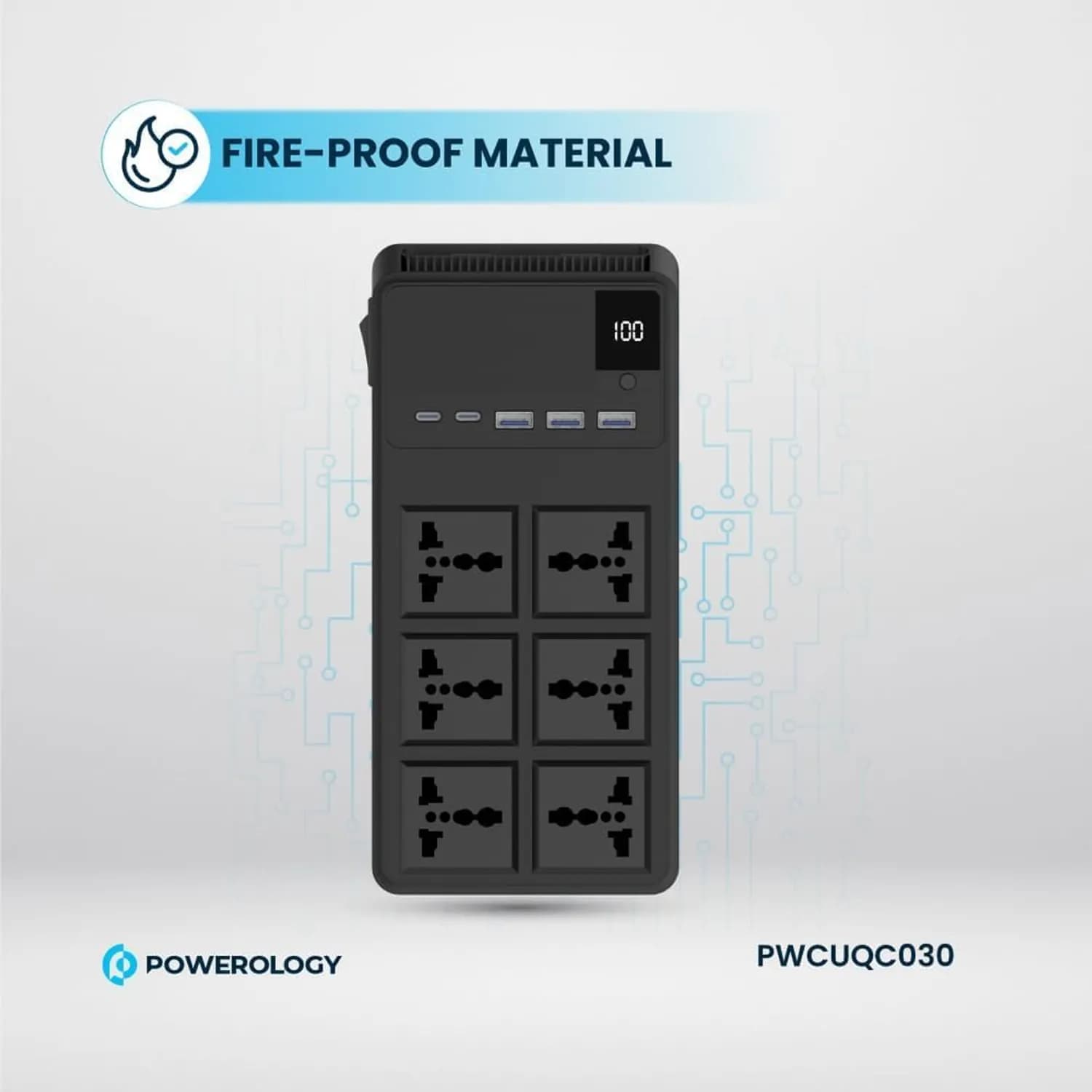 Powerology Power Strip - 6 AC Outlets, 2x PD 20W, 3x QC3.0, Black 4