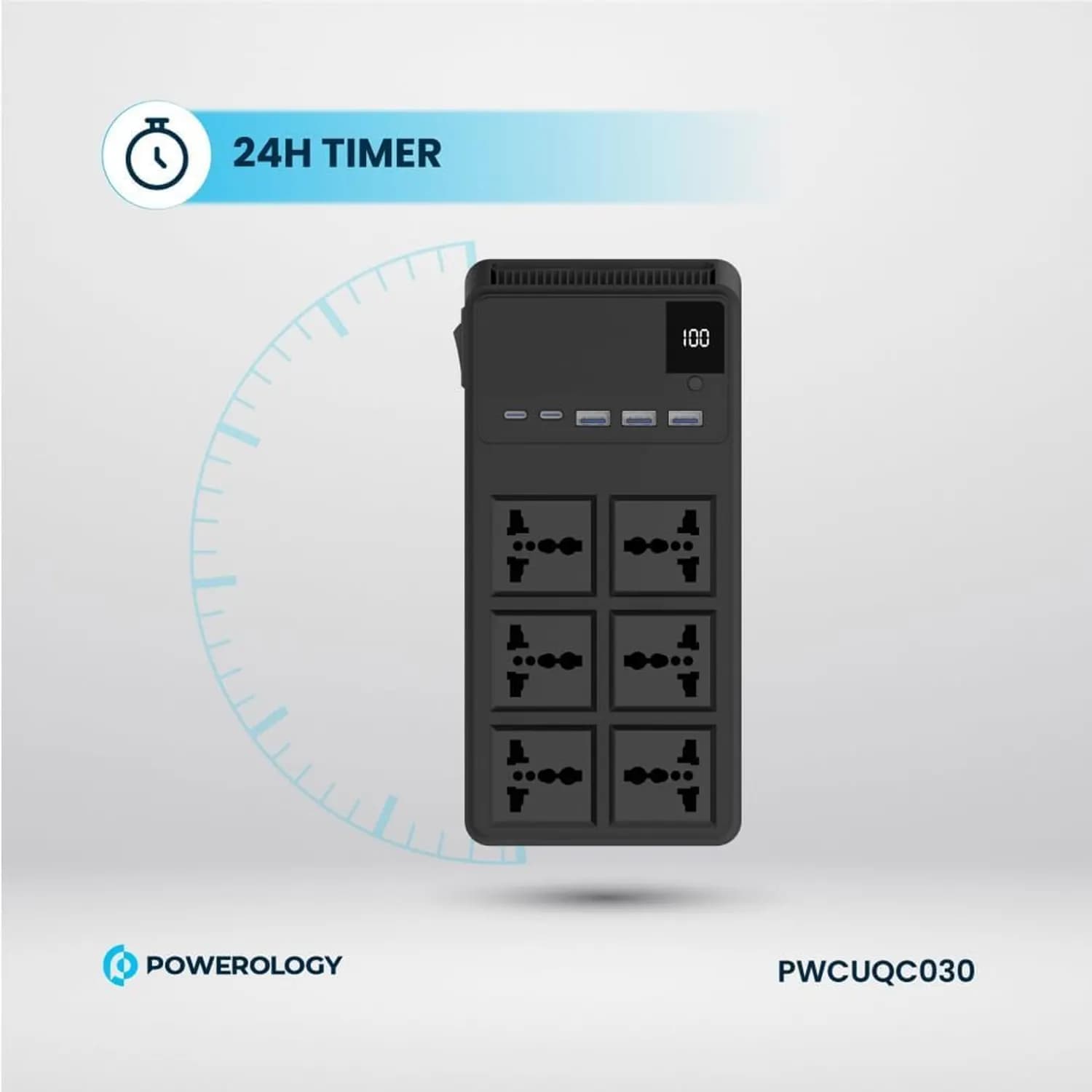 Powerology Power Strip - 6 AC Outlets, 2x PD 20W, 3x QC3.0, Black 5
