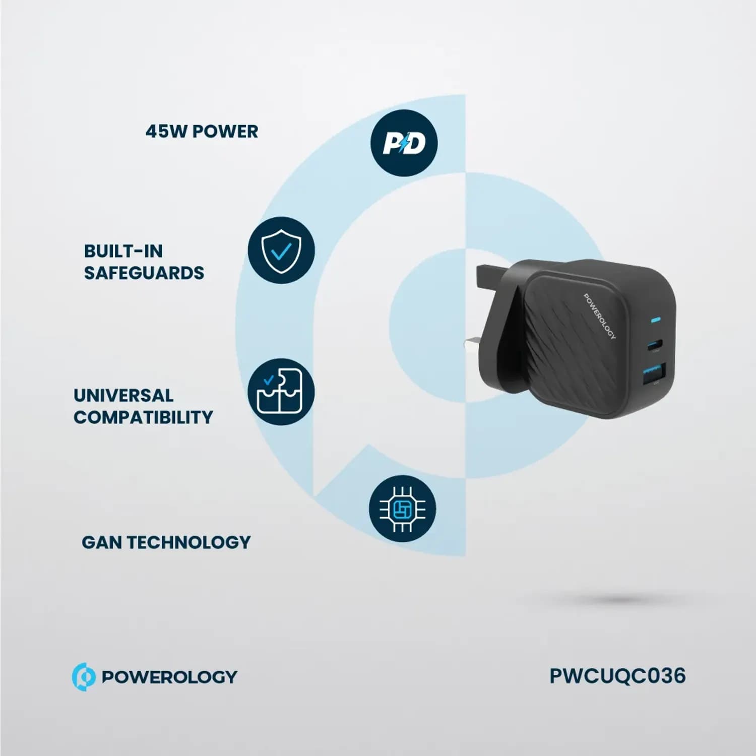 Powerology Wall Charger - Dual-Port GaN, Black 4