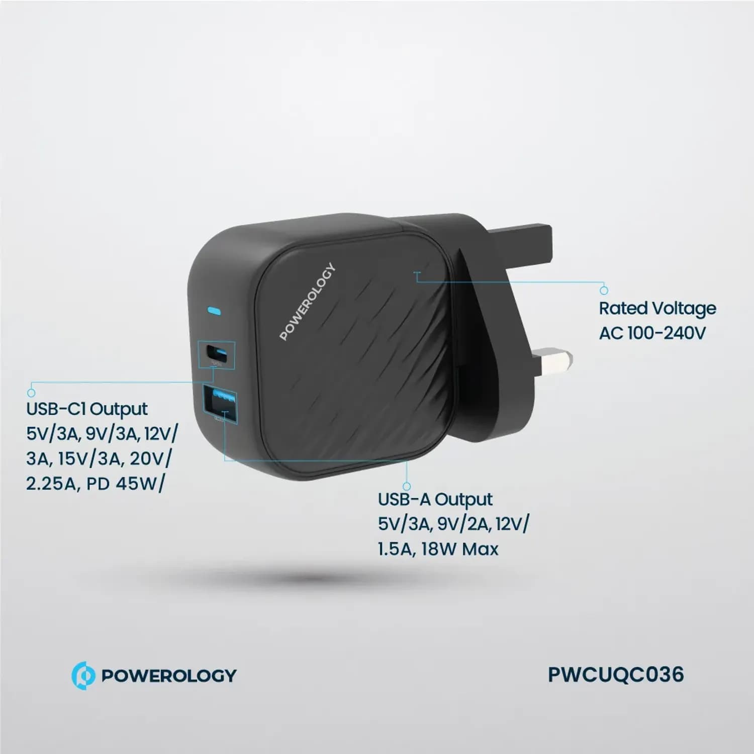 Powerology Wall Charger - Dual-Port GaN, Black 5