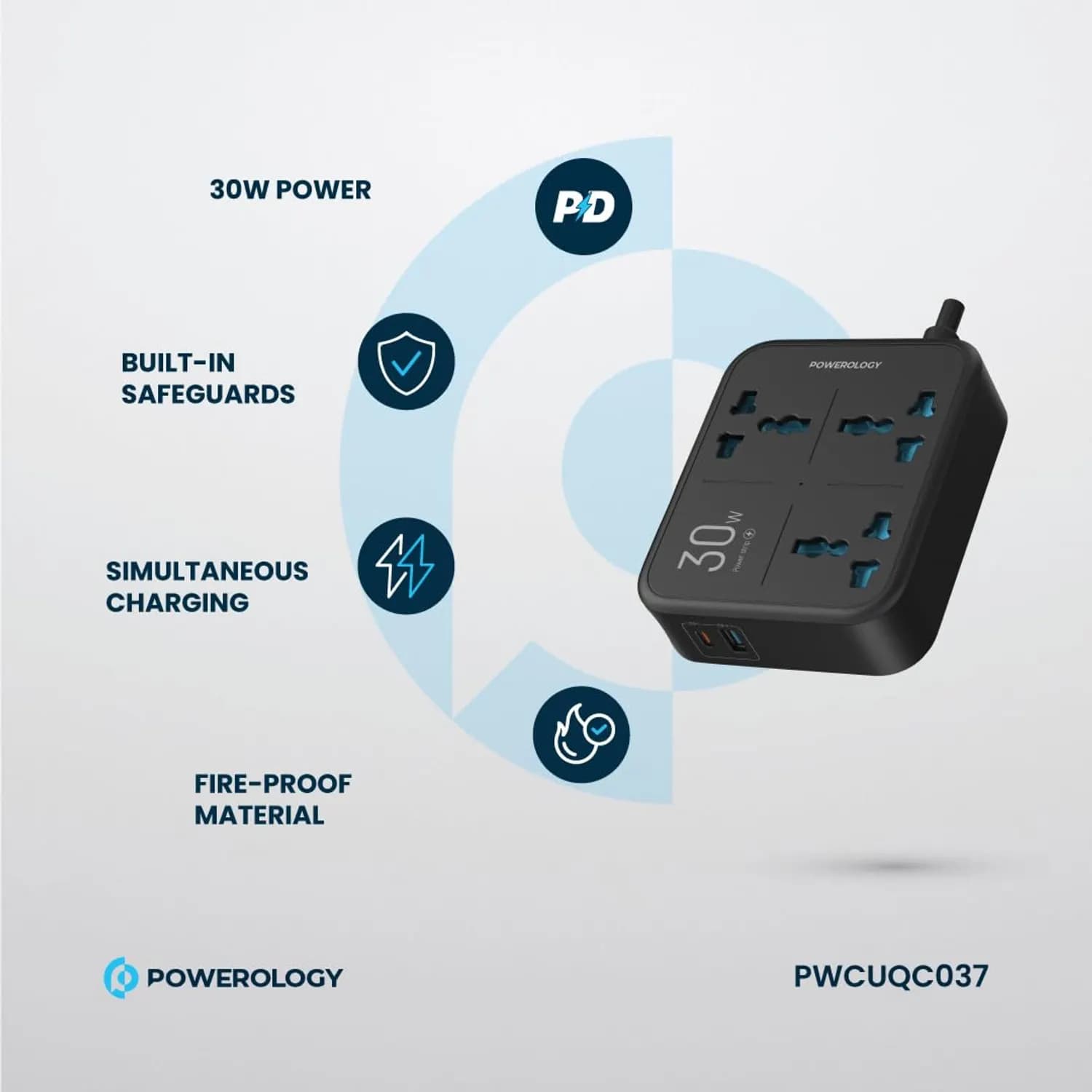 Powerology Power Strip - 3250W, USB-A & USB-C PD 30W, Black 5