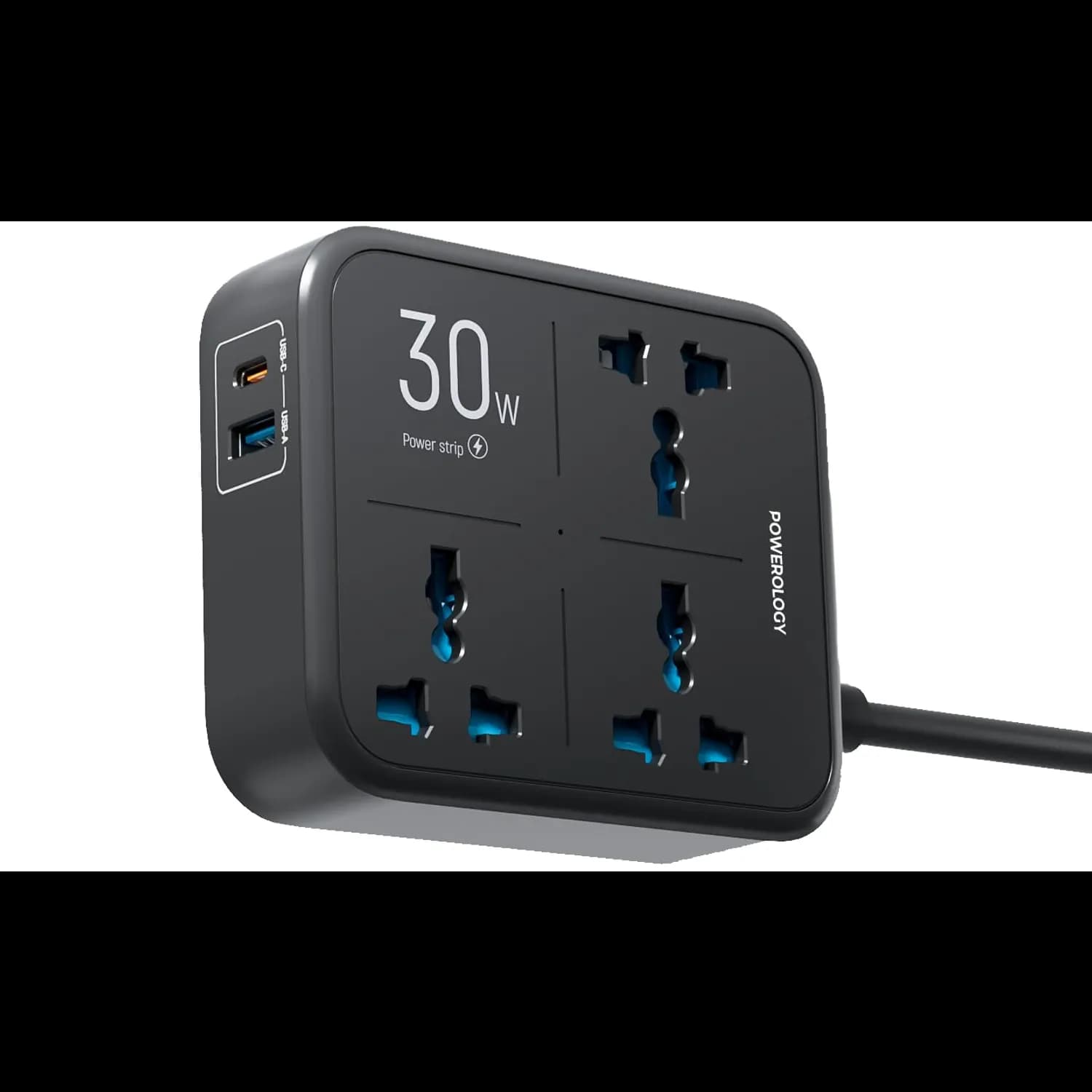 Powerology Power Strip - 3250W, USB-A & USB-C PD 30W, Black 1 Powerology Power Strip - 3250W, USB-A & USB-C PD 30W, Black 1