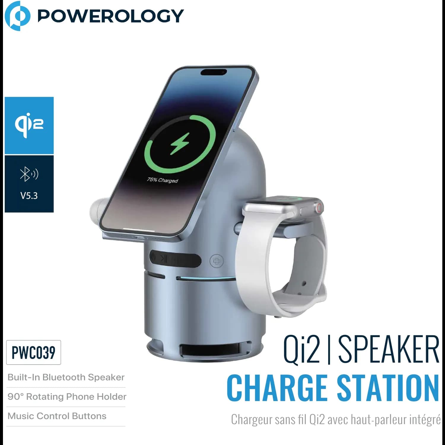 Powerology Wireless Charging Station - Bluetooth Speaker, Fast Charge 4