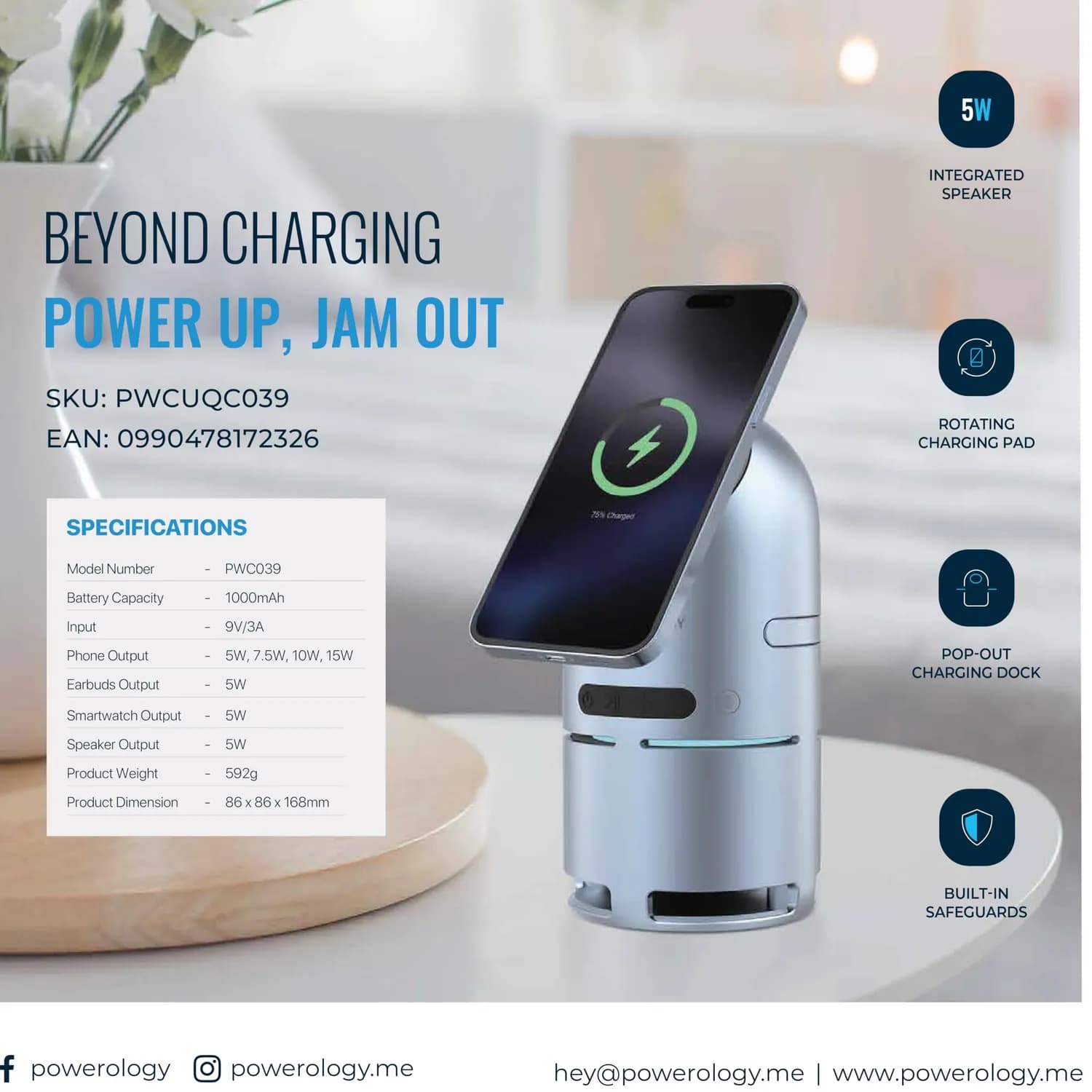 Powerology Wireless Charging Station - Bluetooth Speaker, Fast Charge 5