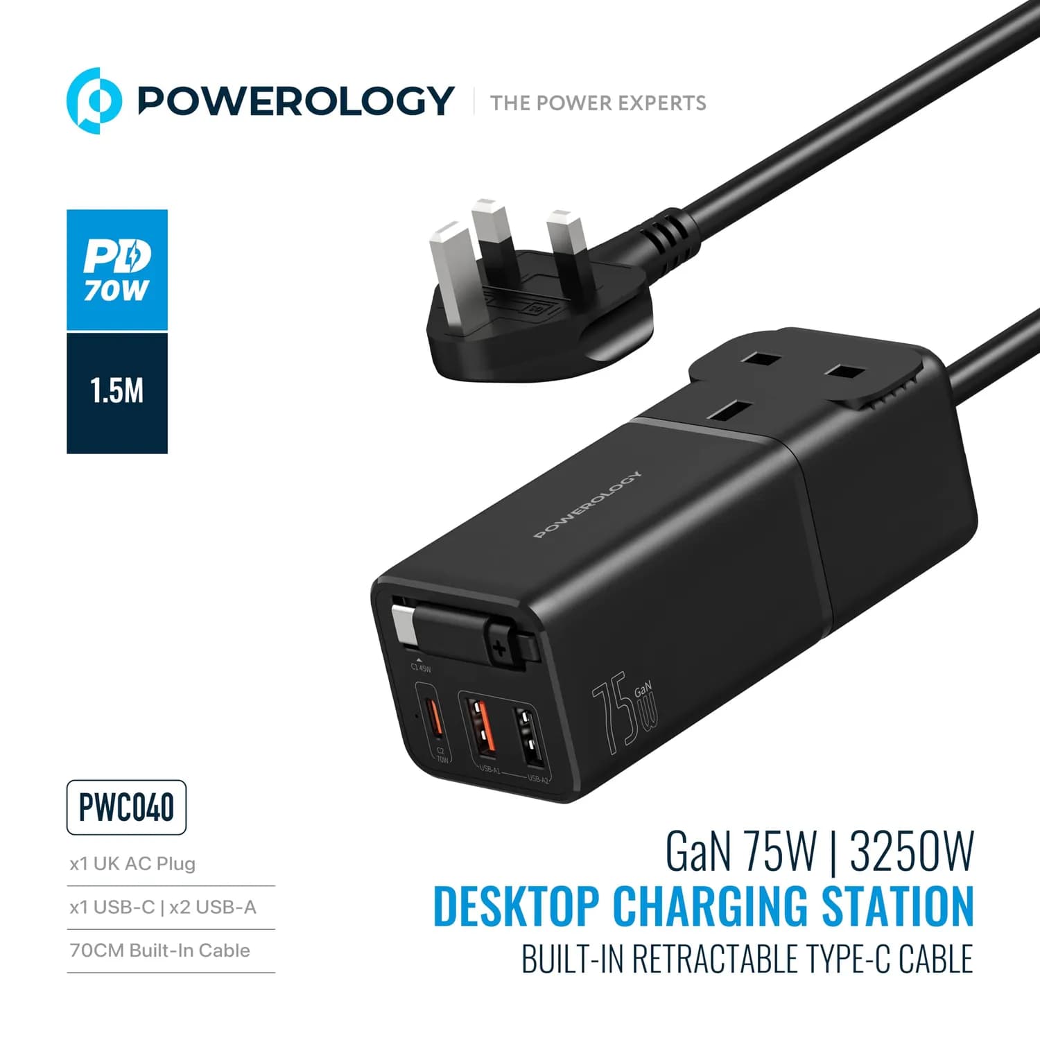 Powerology Charging Station - 75W GaN, Retractable Type-C, Black 3