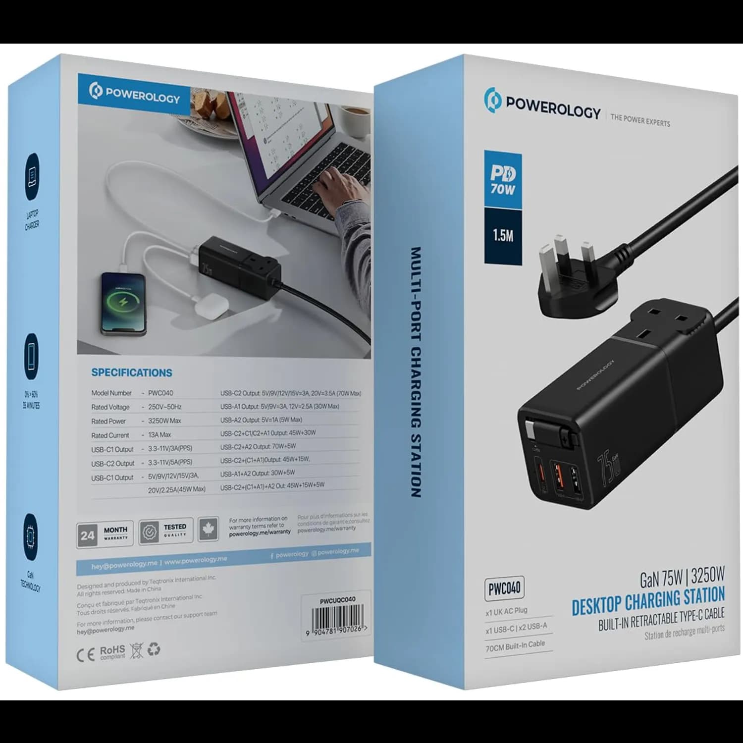 Powerology Charging Station - 75W GaN, Retractable Type-C, Black 5