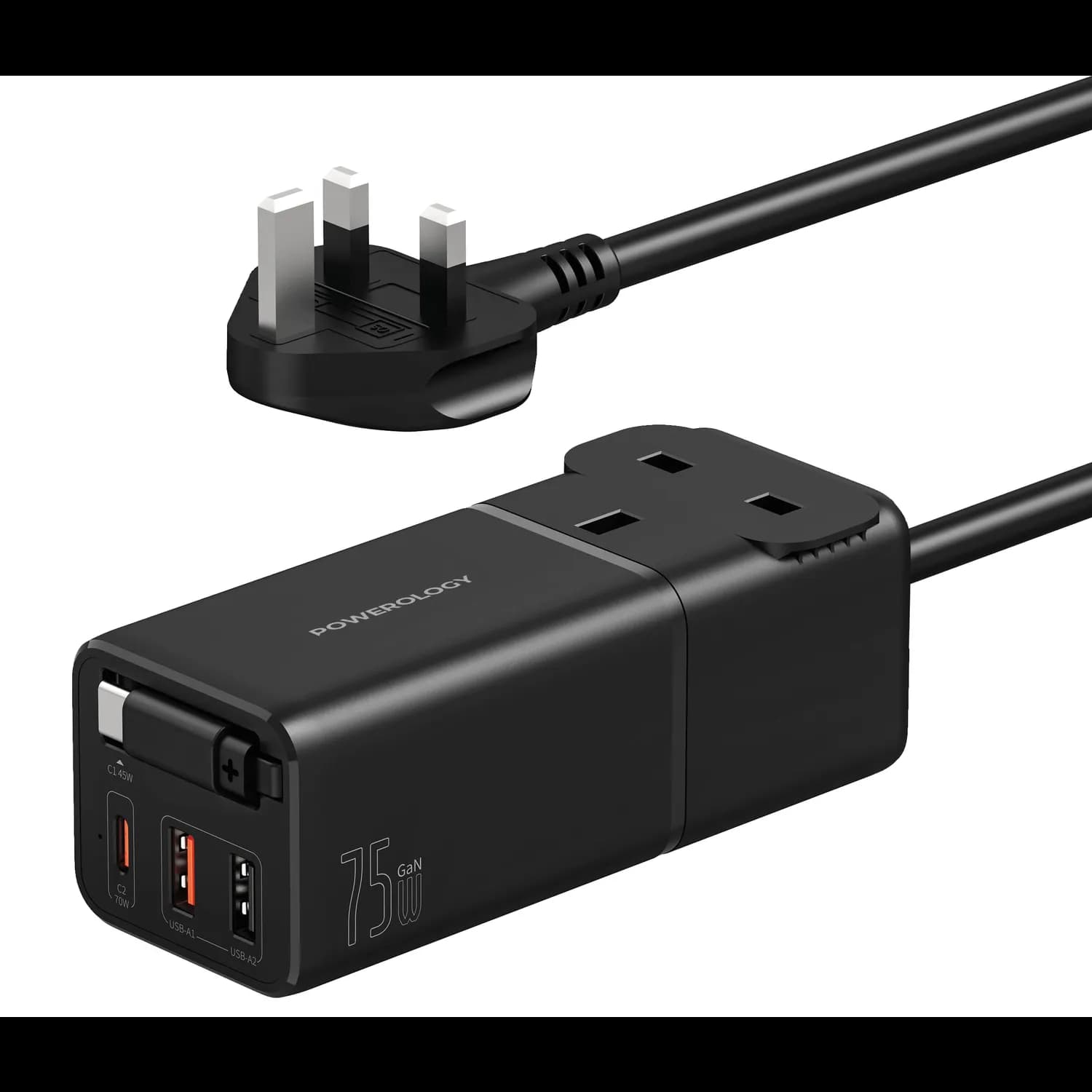 Powerology Charging Station - 75W GaN, Retractable Type-C, Black 1
